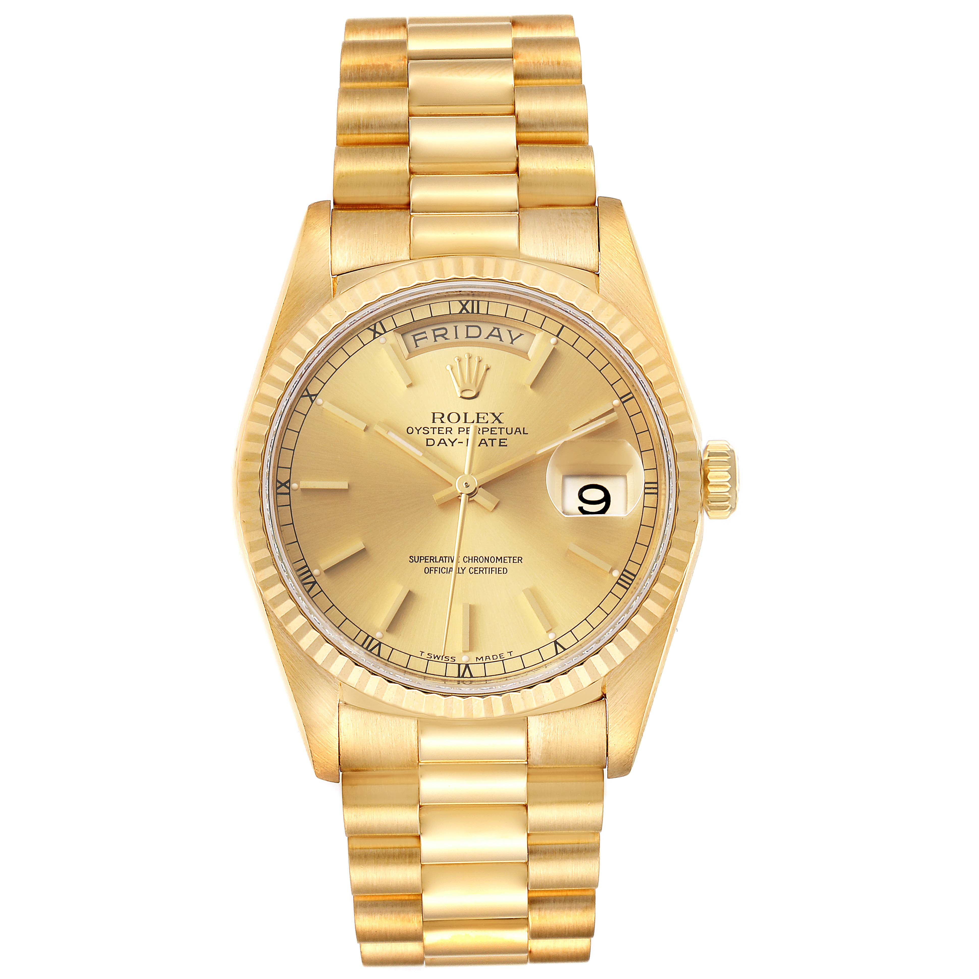 The image shows the front view of a gold Rolex President 18238 Men's Yellow Gold Champagne Dial 18238 Men's Yellow Gold Champagne Dial model watch, featuring the dial, day, and date display.