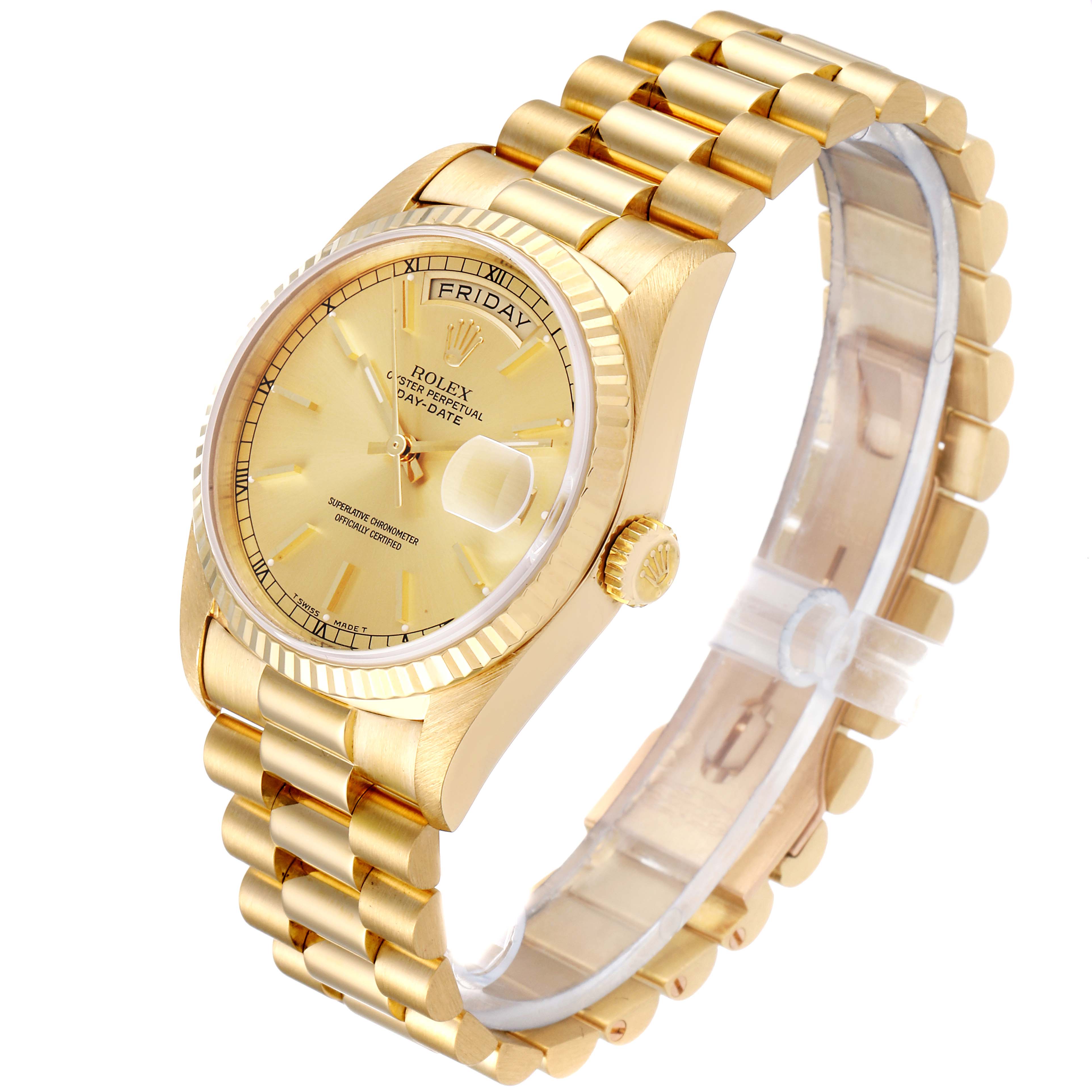 This is a Rolex President 18238 Men's Yellow Gold Champagne Dial 18238 Men's Yellow Gold Champagne Dial model watch shown at a three-quarter angle, displaying the face, bezel, crown, and bracelet.