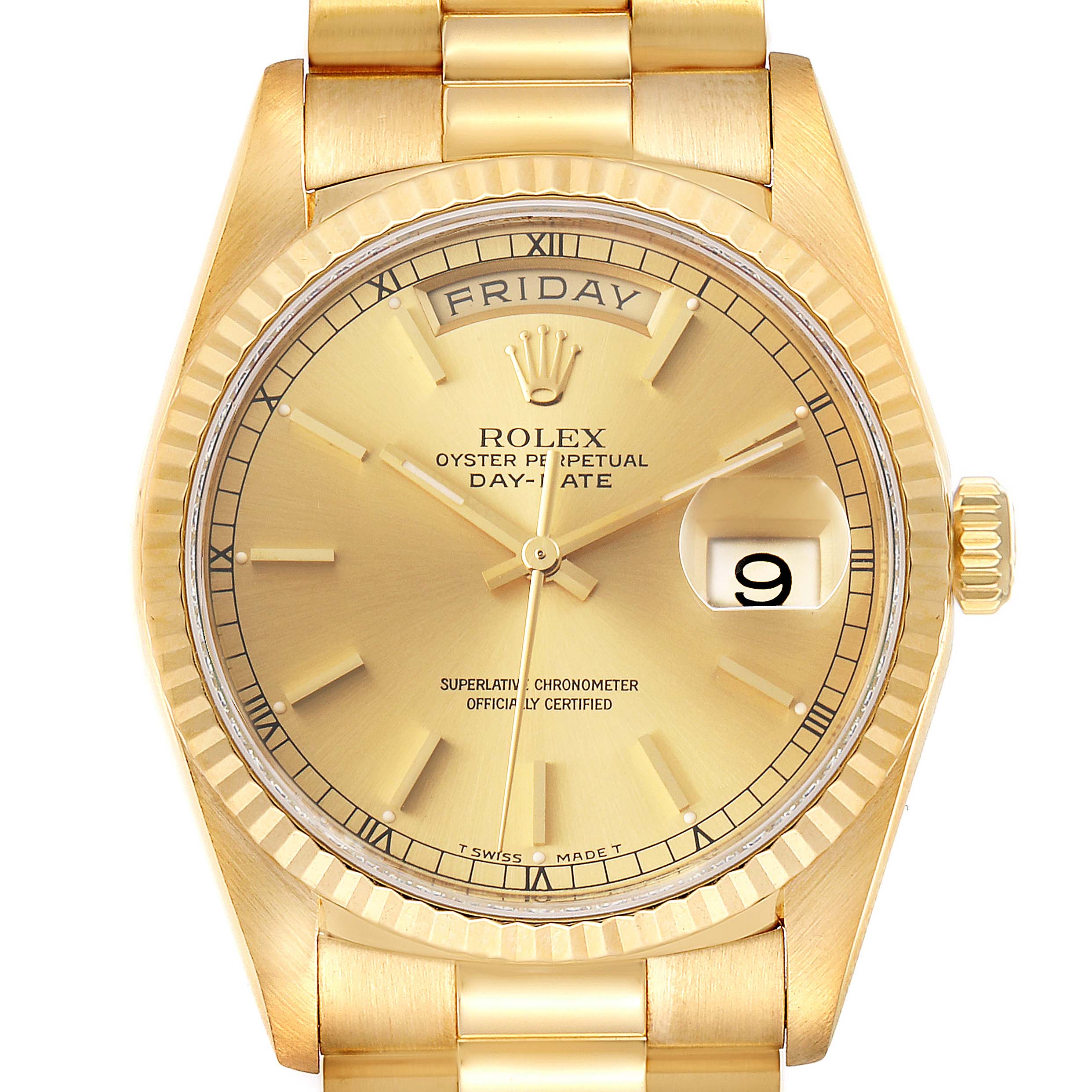 Front view of the Rolex President 18238 Men's Yellow Gold Champagne Dial 18238 Men's Yellow Gold Champagne Dial model watch showing the dial, hands, date window, bezel, and part of the bracelet.