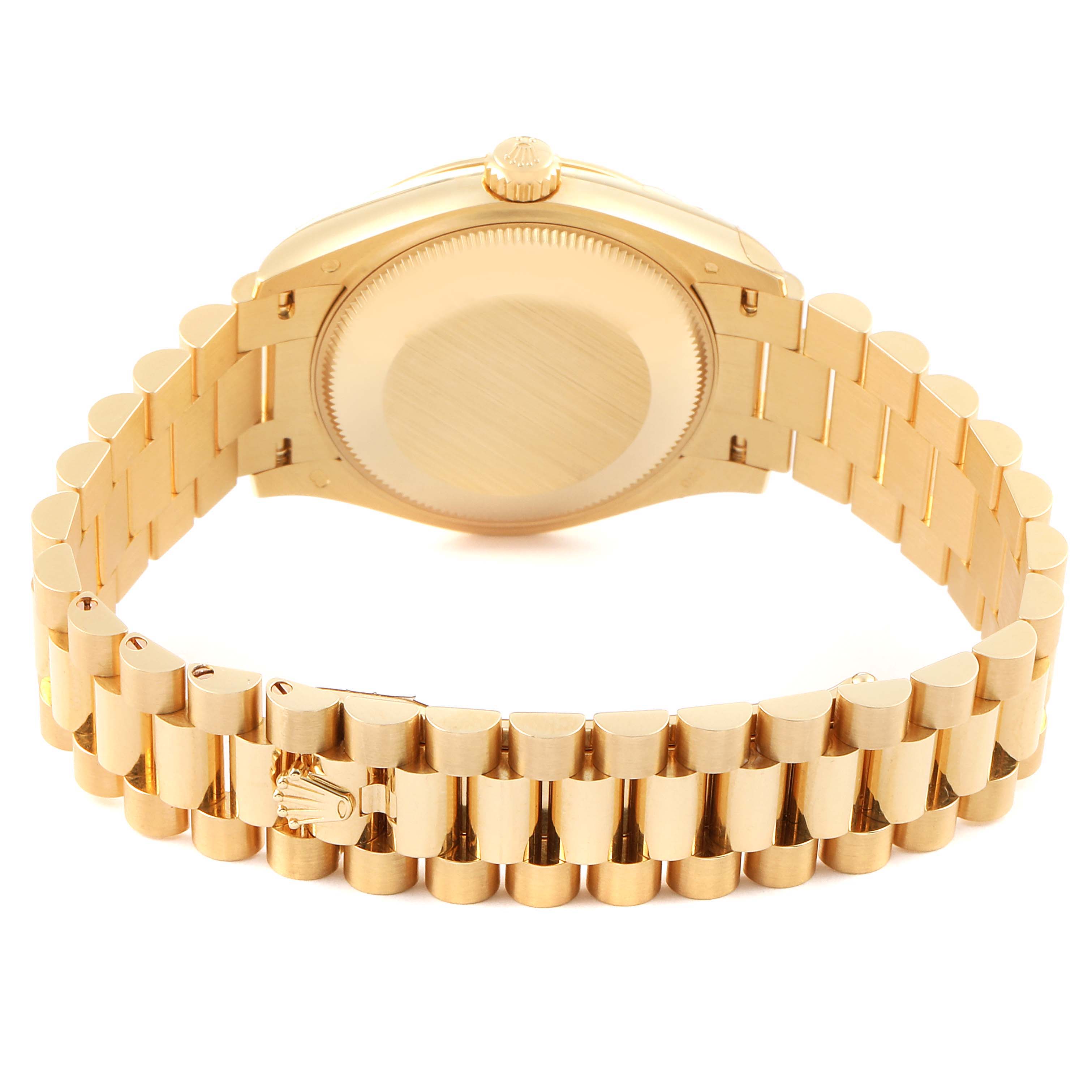 The image shows the back view of a Rolex President 278278 Women's Yellow Gold Mother of Pearl Dial 278278 Women's Yellow Gold Mother of Pearl Dial model, highlighting the case back and bracelet with clasp.