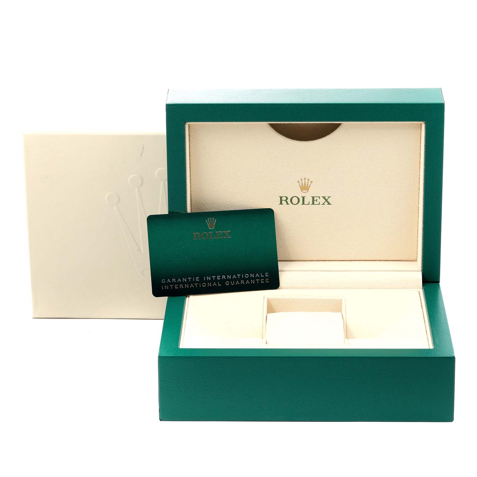 The image shows an opened Rolex President 278278 Women's Yellow Gold Mother of Pearl Dial 278278 Women's Yellow Gold Mother of Pearl Dial model watch box and an international guarantee card.