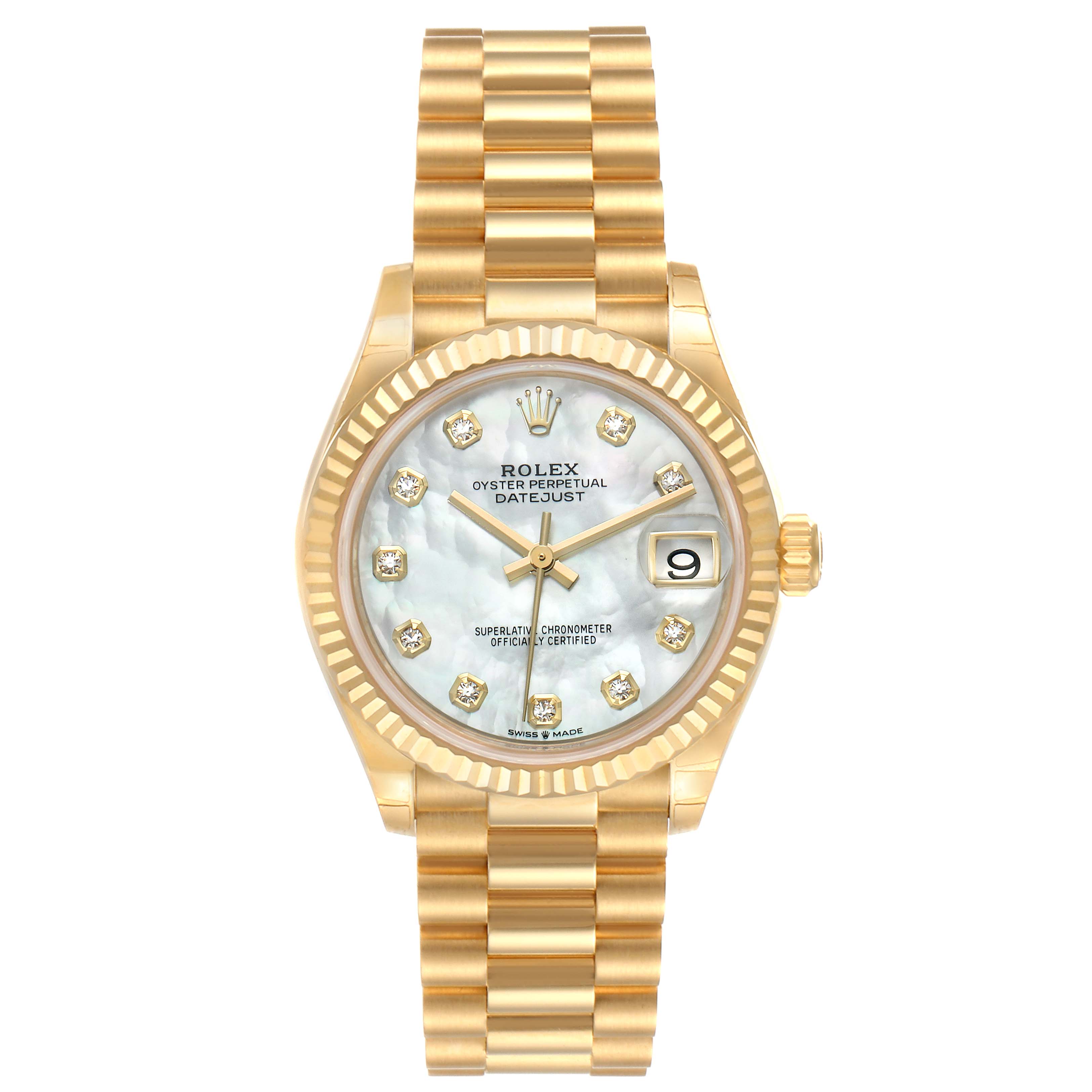 This is a front view of a Rolex President 278278 Women's Yellow Gold Mother of Pearl Dial 278278 Women's Yellow Gold Mother of Pearl Dial model watch, featuring a gold bracelet, fluted bezel, and date window.