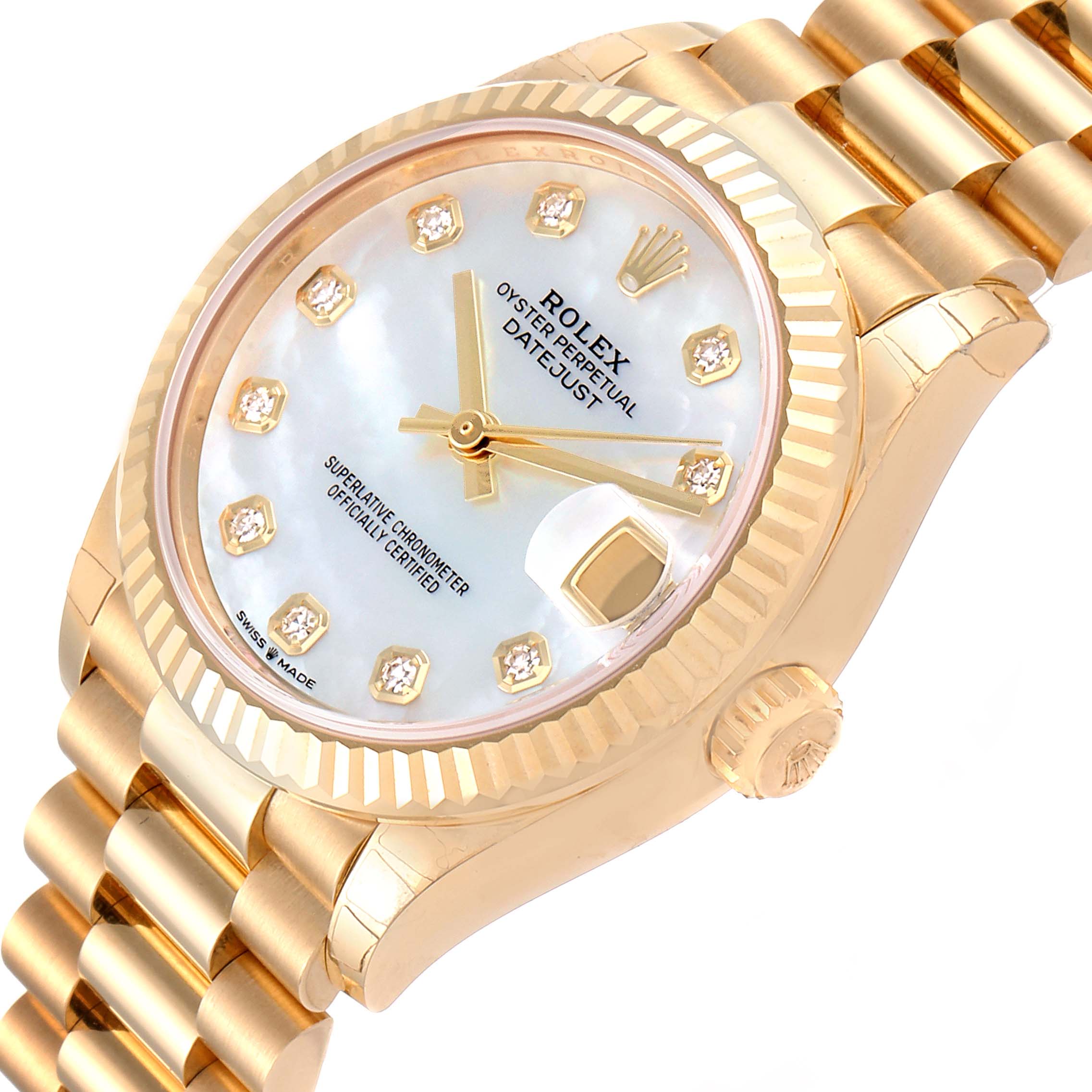 The image shows a close-up angle of a Rolex President 278278 Women's Yellow Gold Mother of Pearl Dial 278278 Women's Yellow Gold Mother of Pearl Dial model watch, displaying its face, band, and crown.