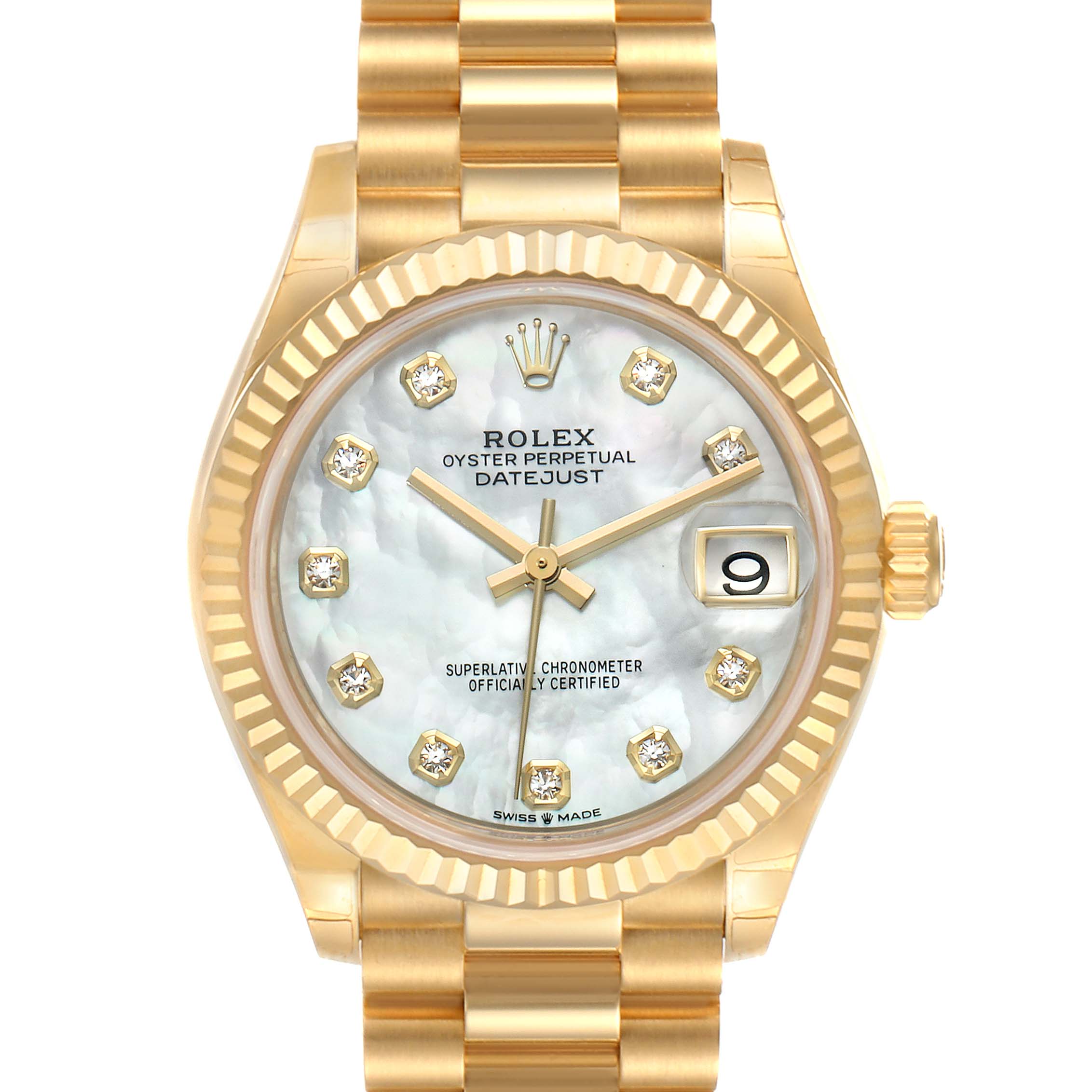 The image shows a frontal view of the Rolex President 278278 Women's Yellow Gold Mother of Pearl Dial 278278 Women's Yellow Gold Mother of Pearl Dial model watch, displaying the dial, bezel, crown, and part of the bracelet.