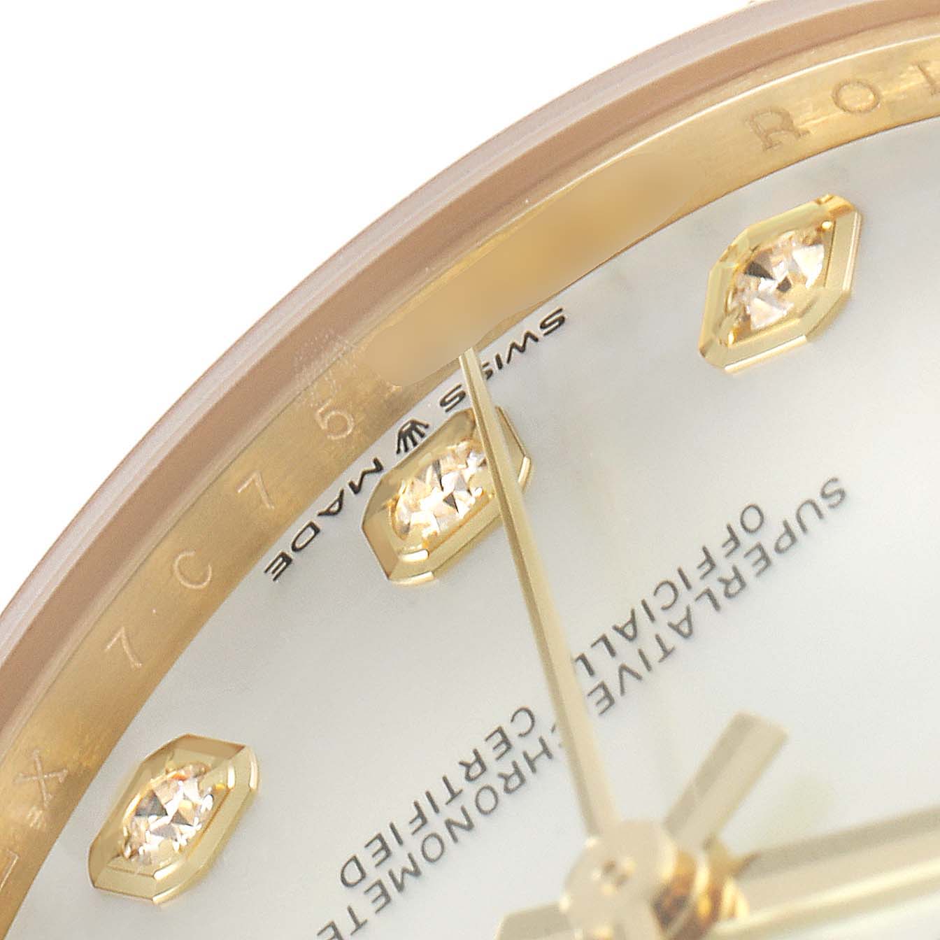 The image shows a close-up view of the dial and hour markers of a Rolex President 278278 Women's Yellow Gold Mother of Pearl Dial 278278 Women's Yellow Gold Mother of Pearl Dial watch.