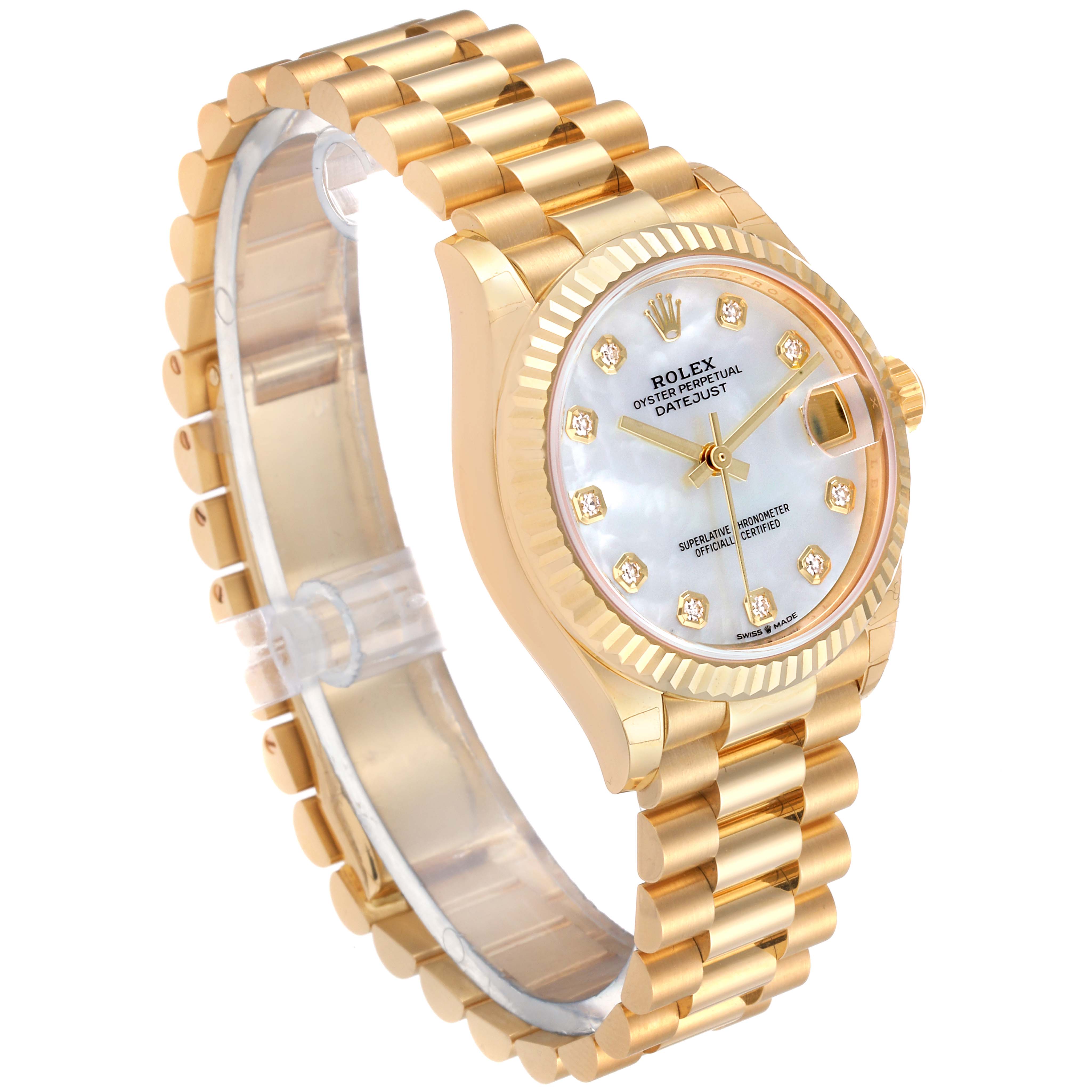 The Rolex President 278278 Women's Yellow Gold Mother of Pearl Dial 278278 Women's Yellow Gold Mother of Pearl Dial model is shown at a left-side angle, displaying the watch face, band, and crown prominently.