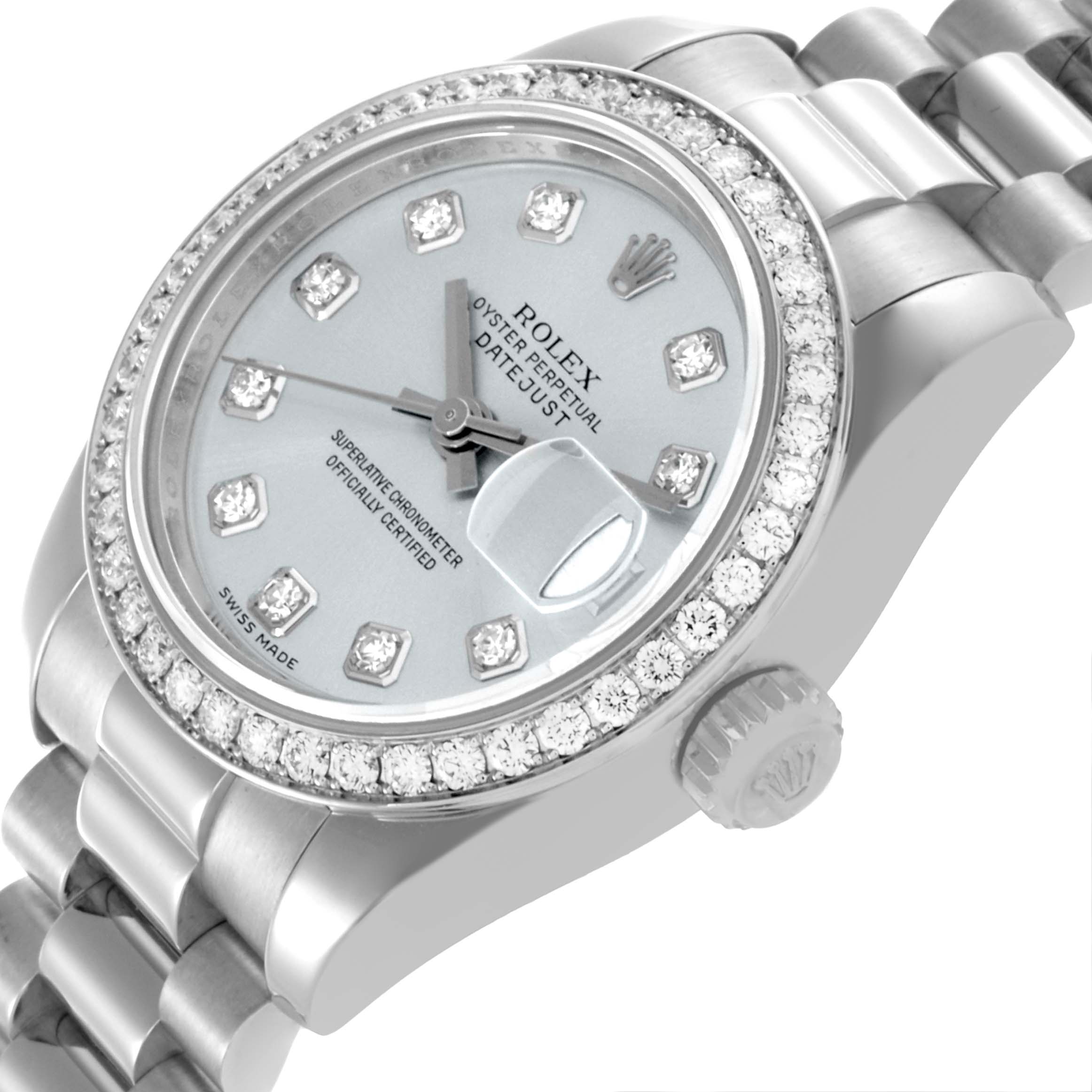 The Rolex President 179136 Women's Platinum Blue Dial 179136 Women's Platinum Blue Dial model is shown from a slightly angled top view, highlighting the dial, bezel, and part of the bracelet.