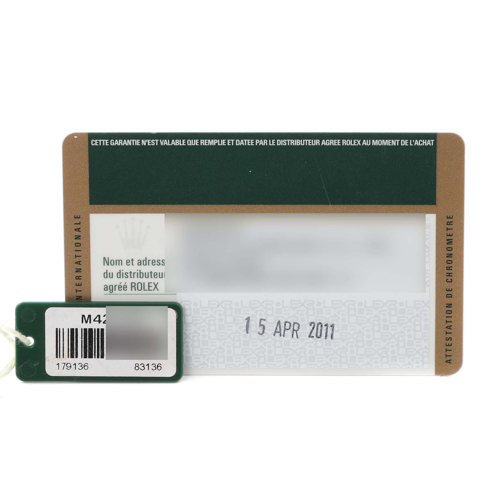 The image shows the warranty card and tag for a Rolex President 179136 Women's Platinum Blue Dial 179136 Women's Platinum Blue Dial model, photographed from the front.