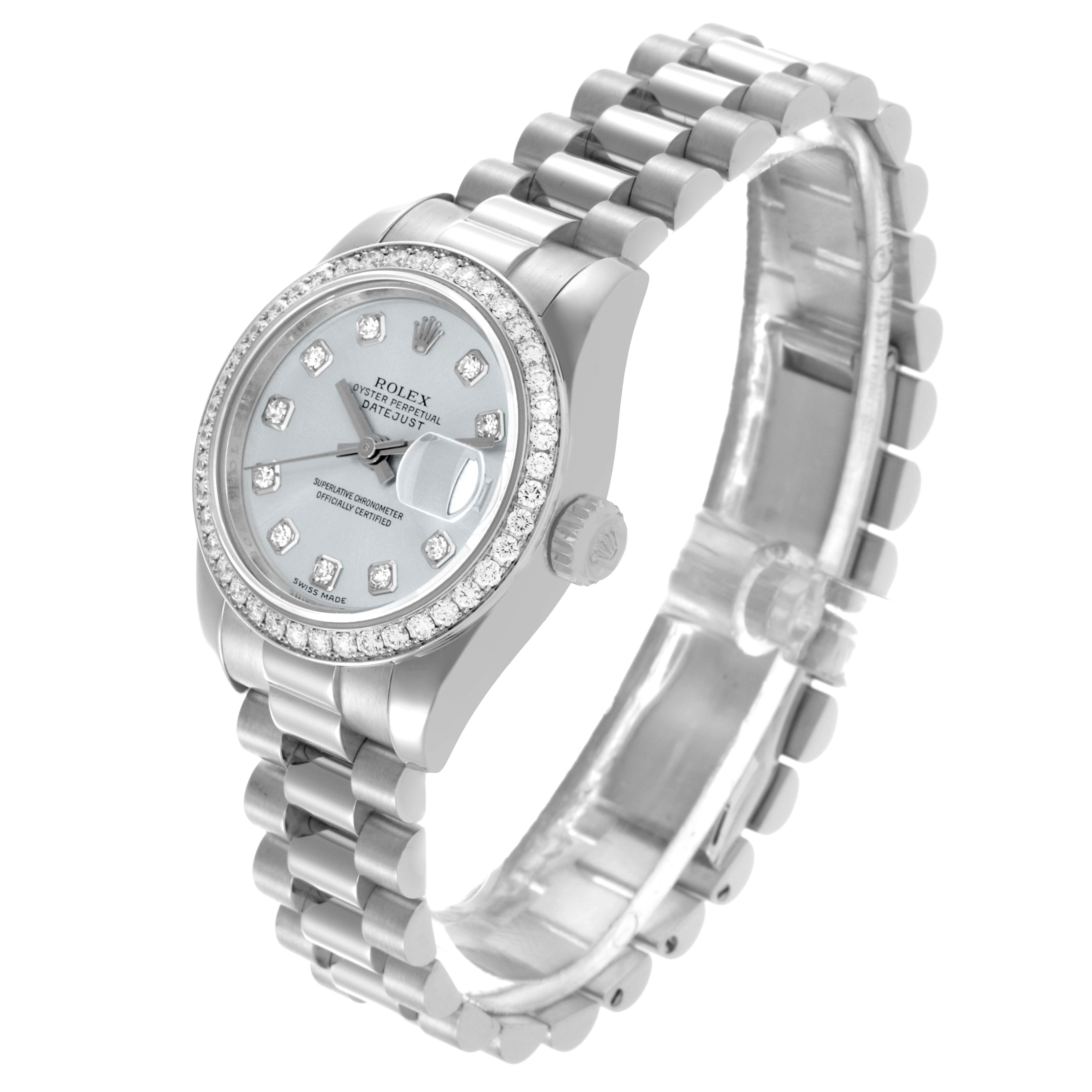 The Rolex President 179136 Women's Platinum Blue Dial 179136 Women's Platinum Blue Dial watch is shown at an angled view highlighting the dial, bezel, and bracelet.