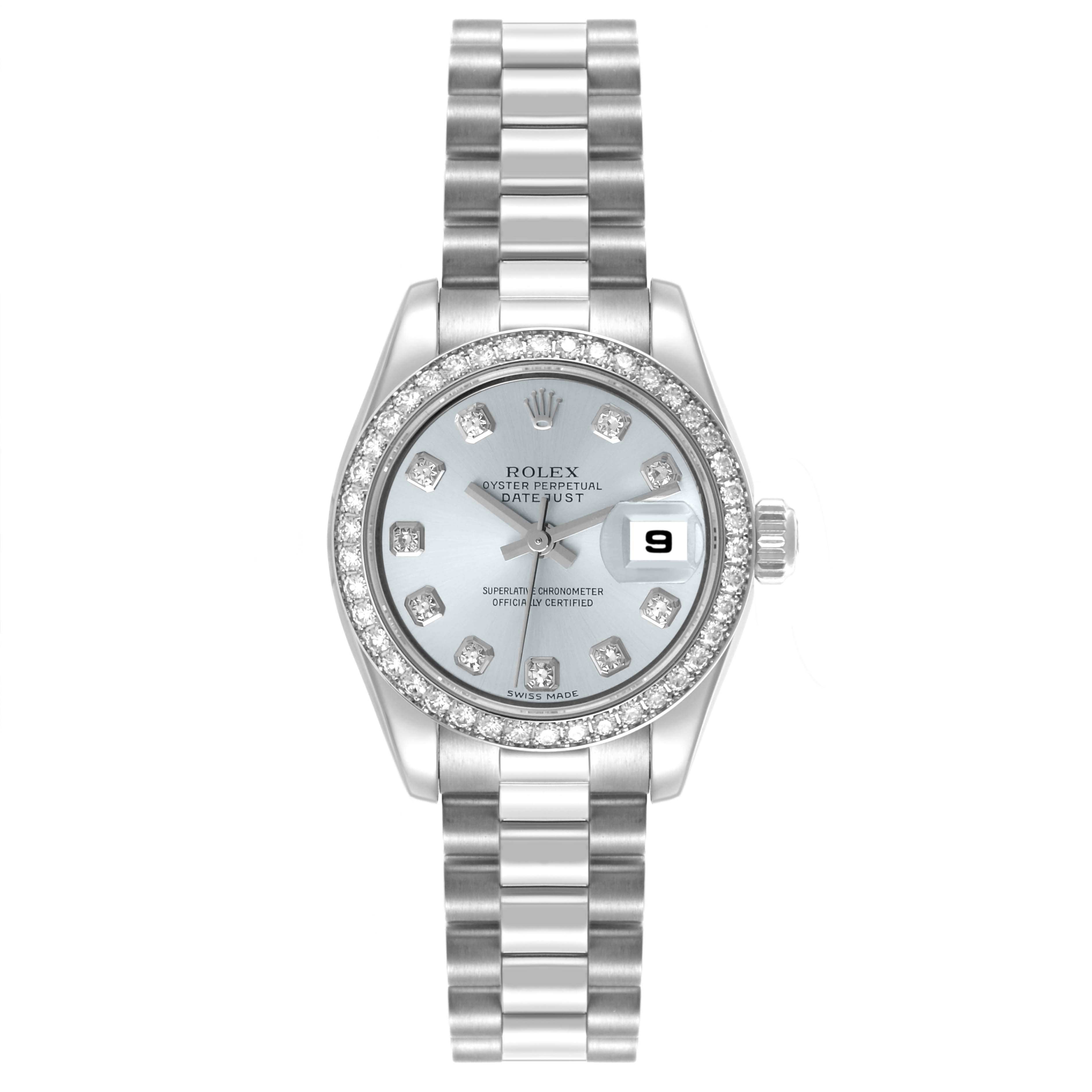 The Rolex President 179136 Women's Platinum Blue Dial 179136 Women's Platinum Blue Dial model watch is shown from a front angle, displaying the dial, bezel, and bracelet.