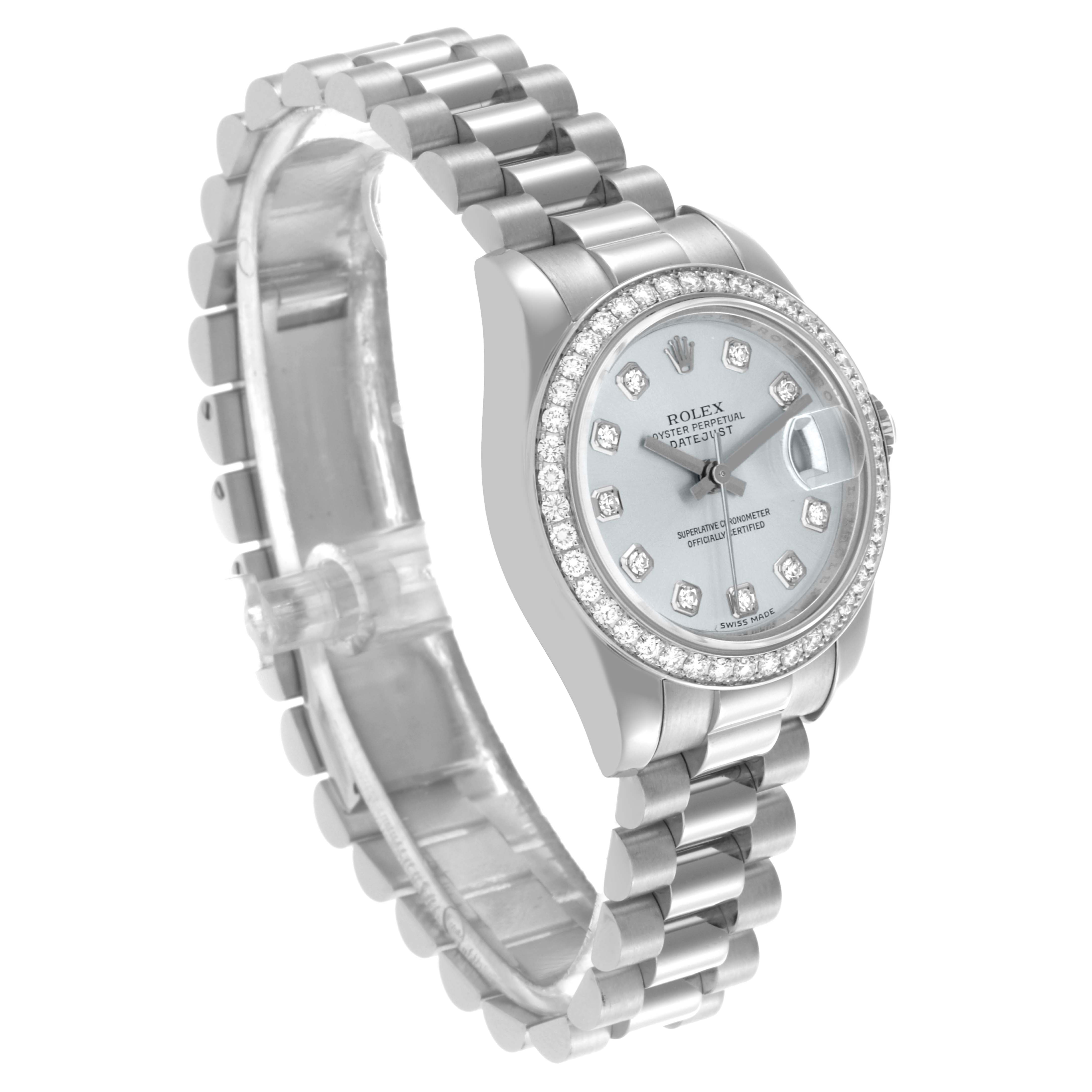 The Rolex President 179136 Women's Platinum Blue Dial 179136 Women's Platinum Blue Dial model watch is shown at an angled view, highlighting its face, diamond bezel, and bracelet.
