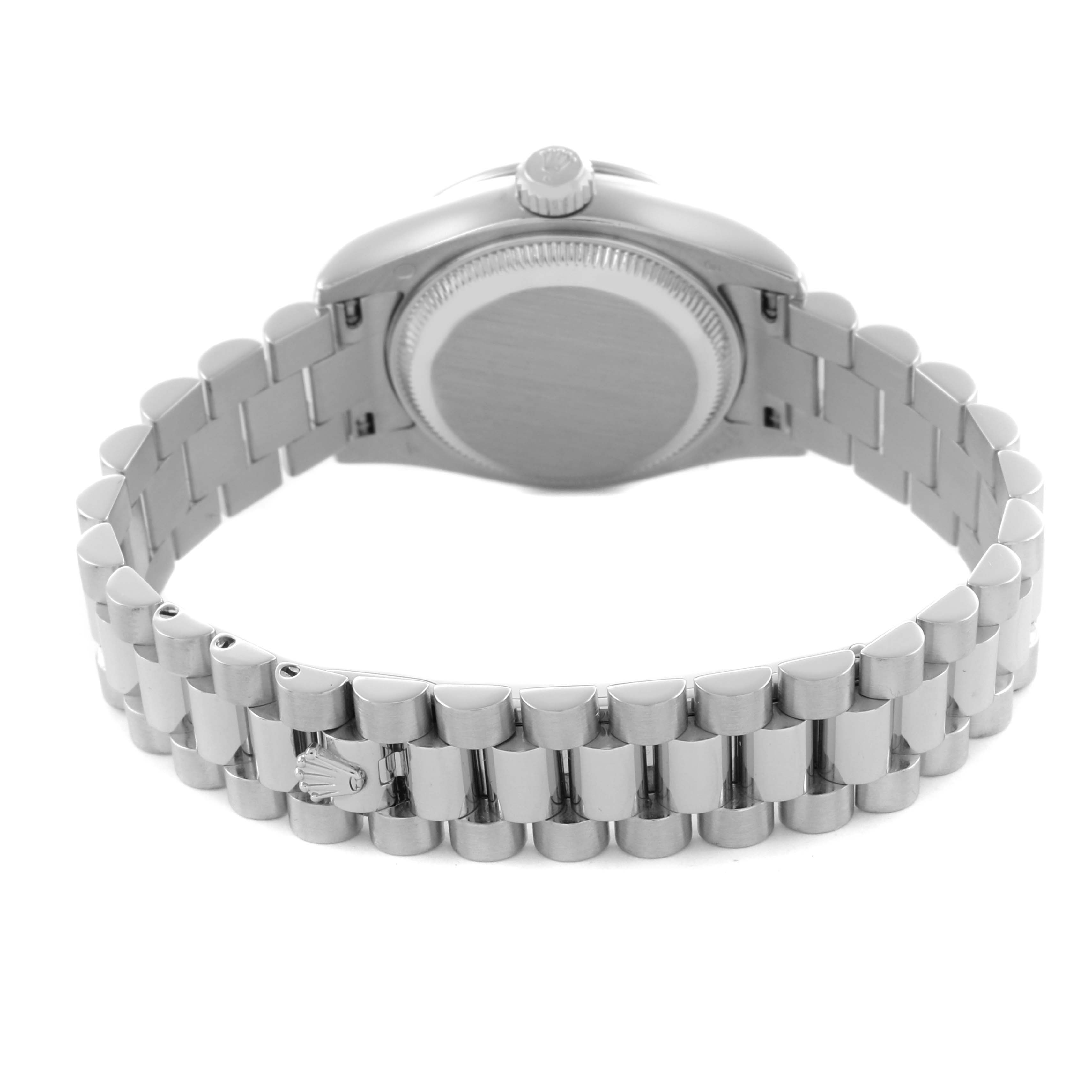 The image shows the back view of the Rolex President 179136 Women's Platinum Blue Dial 179136 Women's Platinum Blue Dial model, highlighting the bracelet and case back.