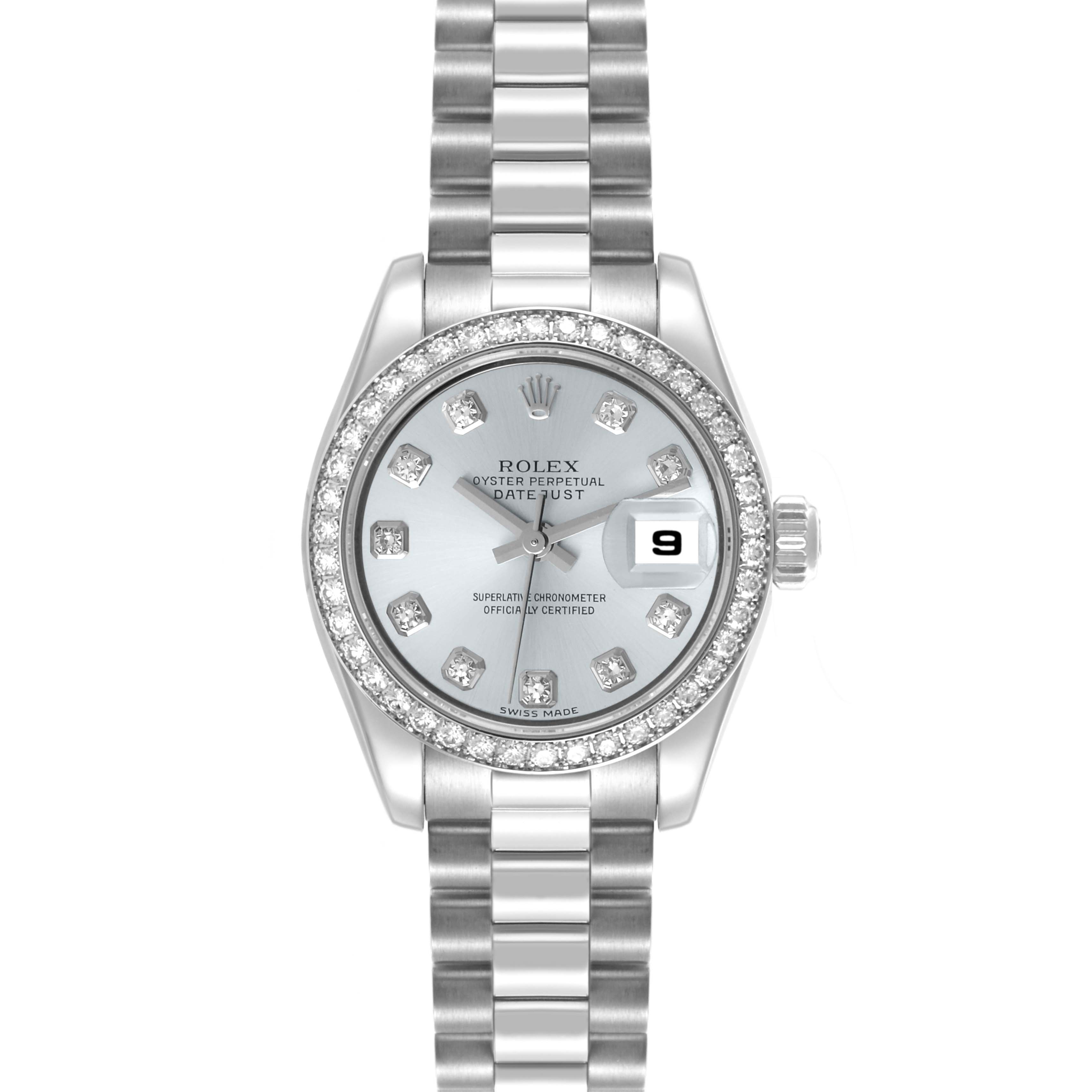 The Rolex President 179136 Women's Platinum Blue Dial 179136 Women's Platinum Blue Dial model is shown from the front, displaying the dial, bezel, and bracelet.