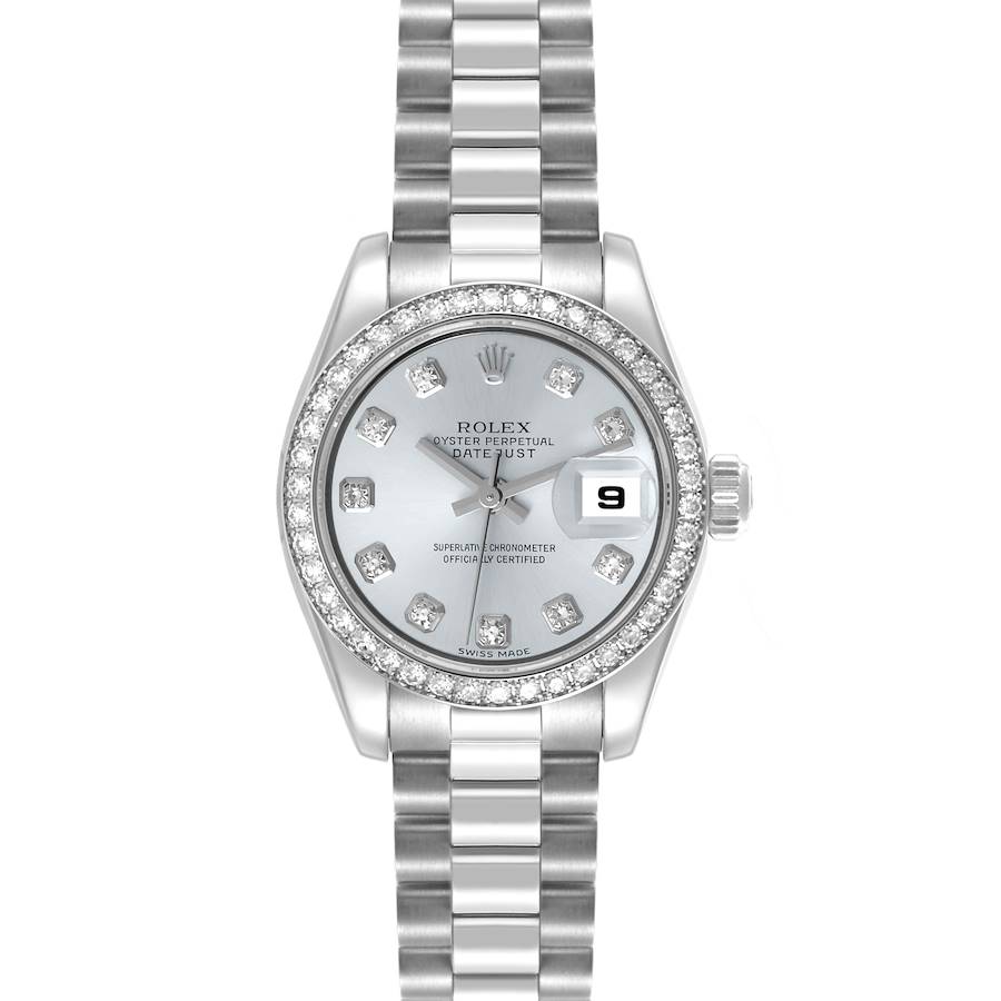 The Rolex President model is shown from the front, displaying the dial, bezel, and bracelet.