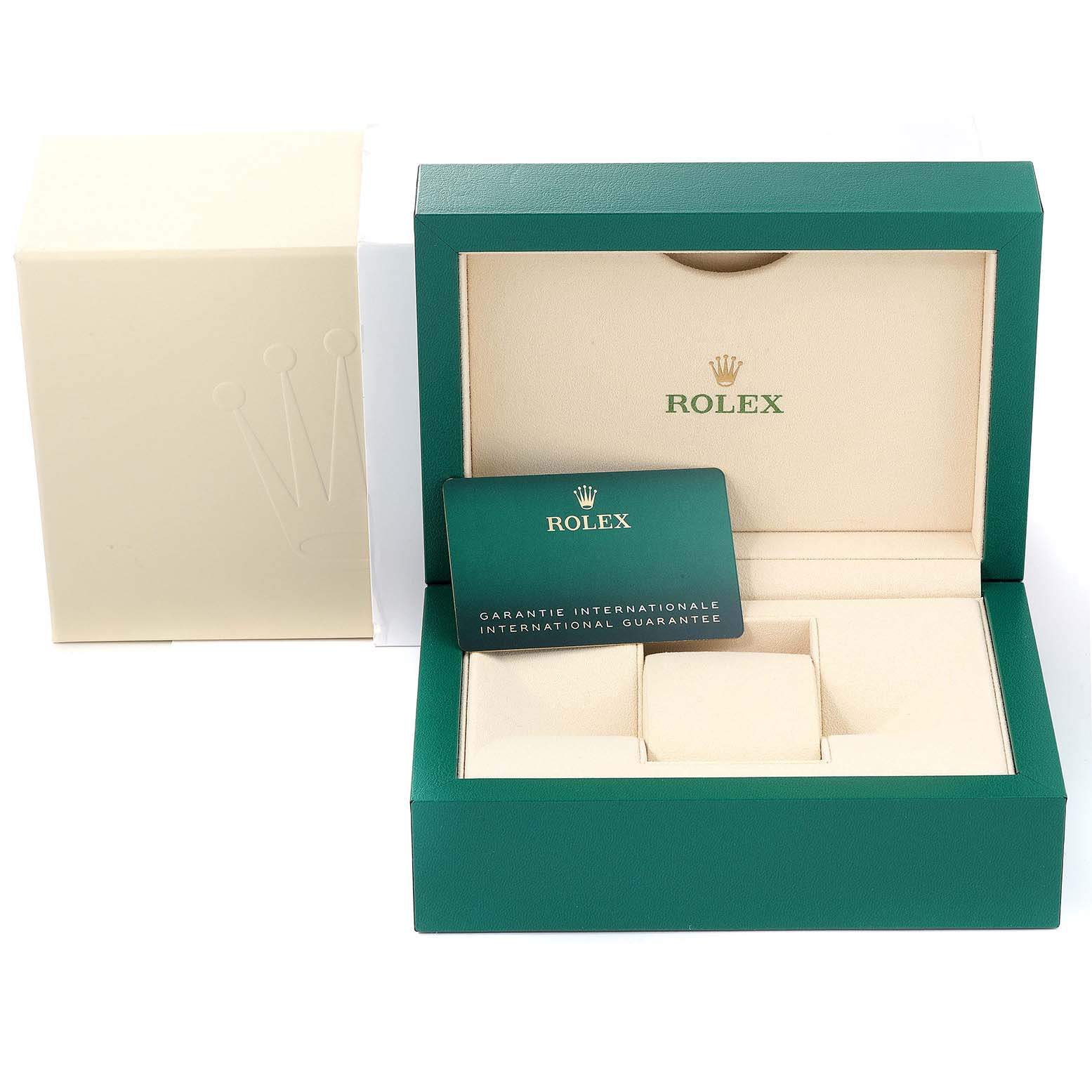 The image shows an open Rolex box for the Sea-Dweller model, alongside the international guarantee card and outer packaging.