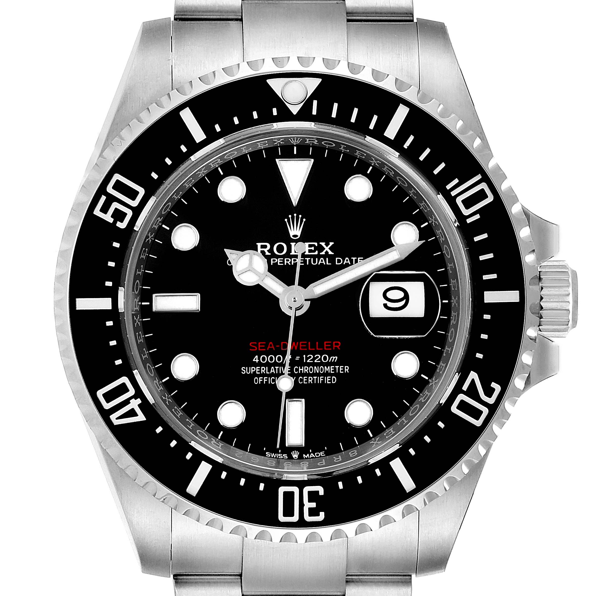 The image shows a front view of the Rolex Sea-Dweller 126600 Men
s Stainless Steel Black Dial 126600 Men
s Stainless Steel Black Dial watch, featuring the dial, bezel, hands, and part of the bracelet.