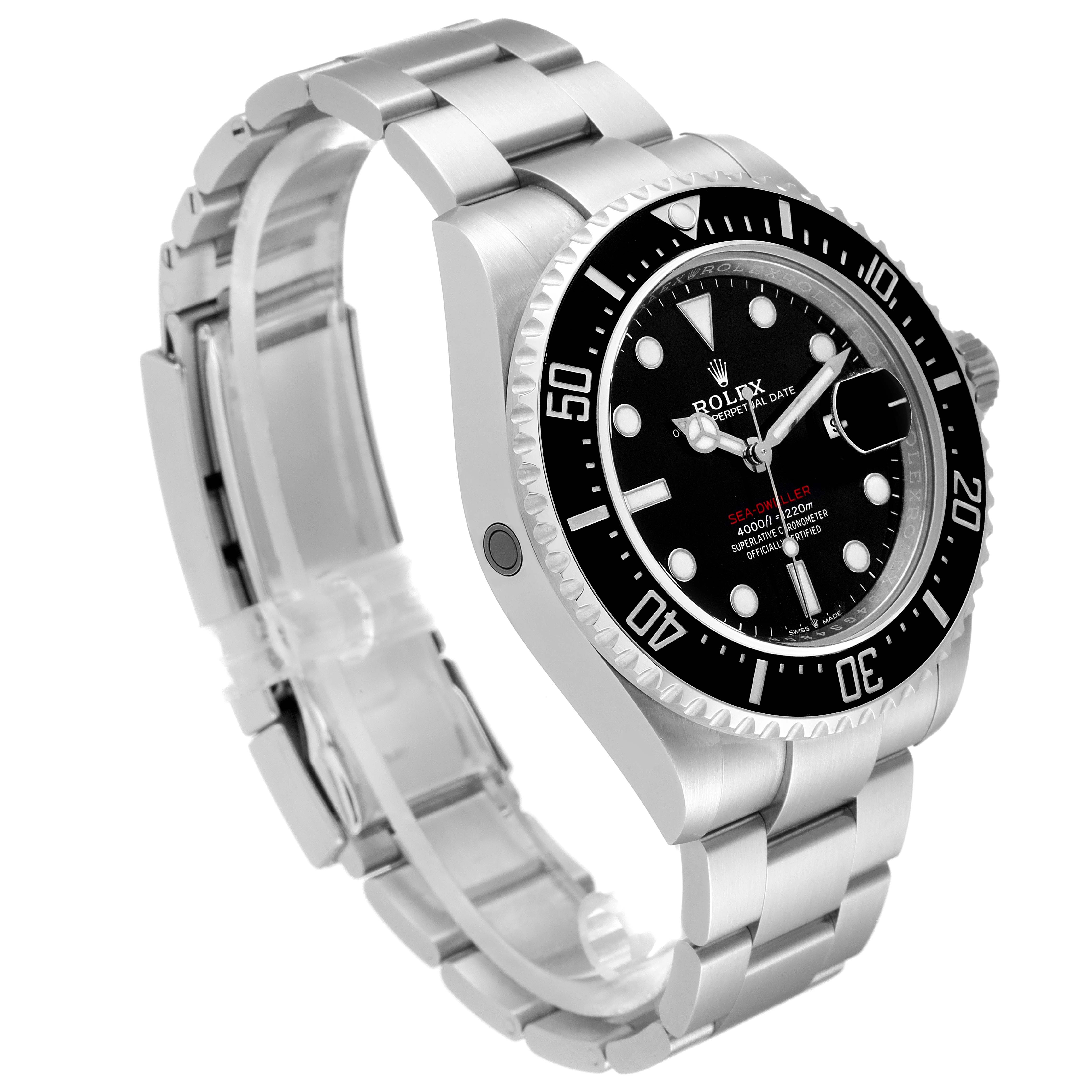 This image shows a Rolex Sea-Dweller 126600 Men
s Stainless Steel Black Dial 126600 Men
s Stainless Steel Black Dial watch angled from the front-left, highlighting its bezel, dial, and bracelet.