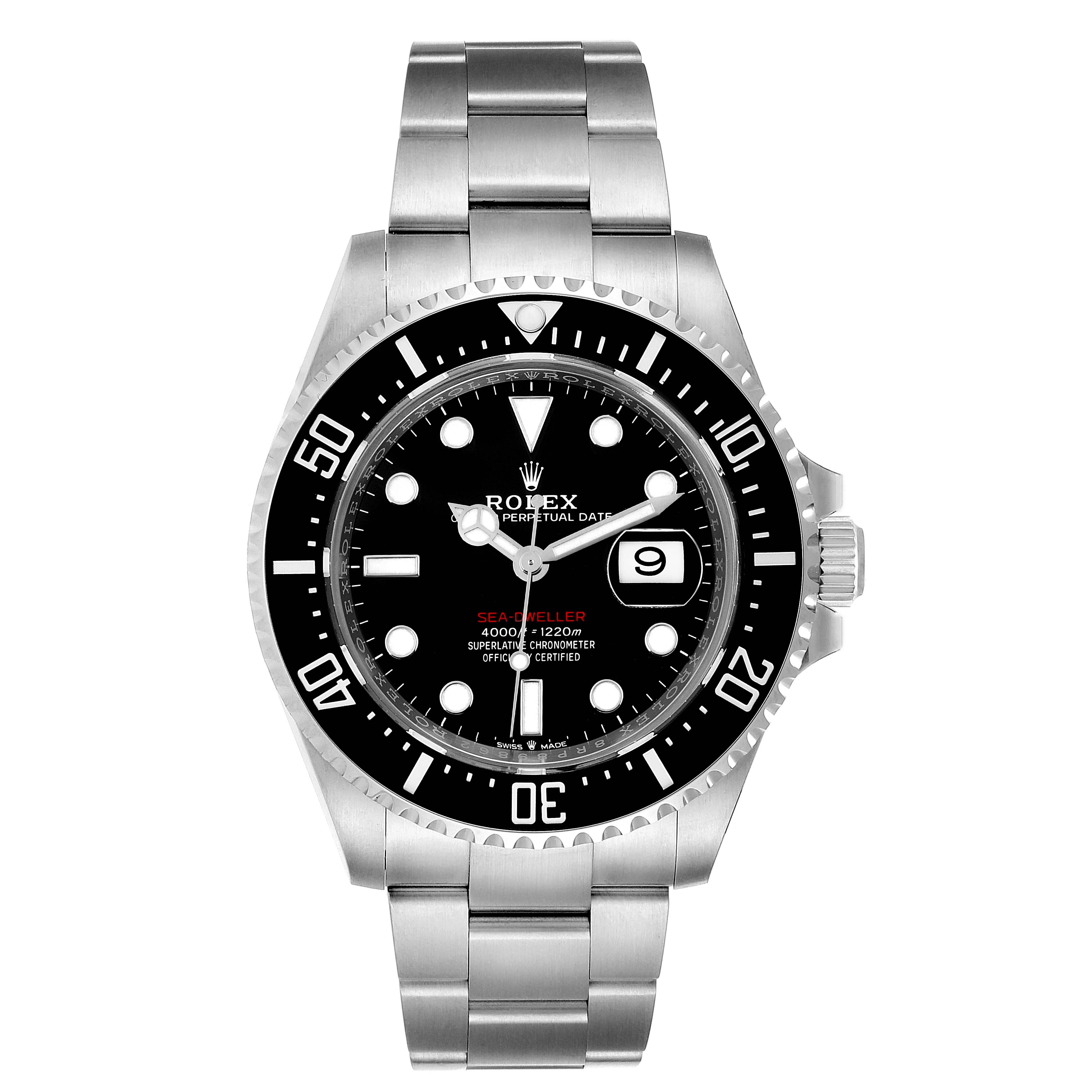The image shows a front view of the Rolex Sea-Dweller 126600 Men
s Stainless Steel Black Dial 126600 Men
s Stainless Steel Black Dial watch, displaying the face, bezel, and bracelet.
