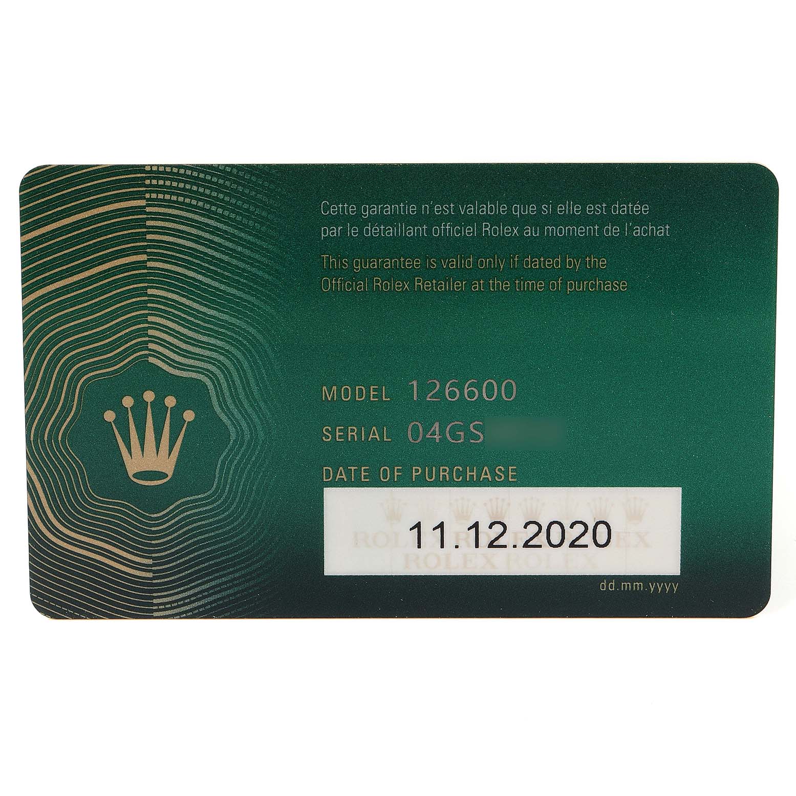 This image shows the warranty card for the Rolex Sea-Dweller 126600 Men
s Stainless Steel Black Dial 126600 Men
s Stainless Steel Black Dial model 126600, displaying the serial number and date of purchase.