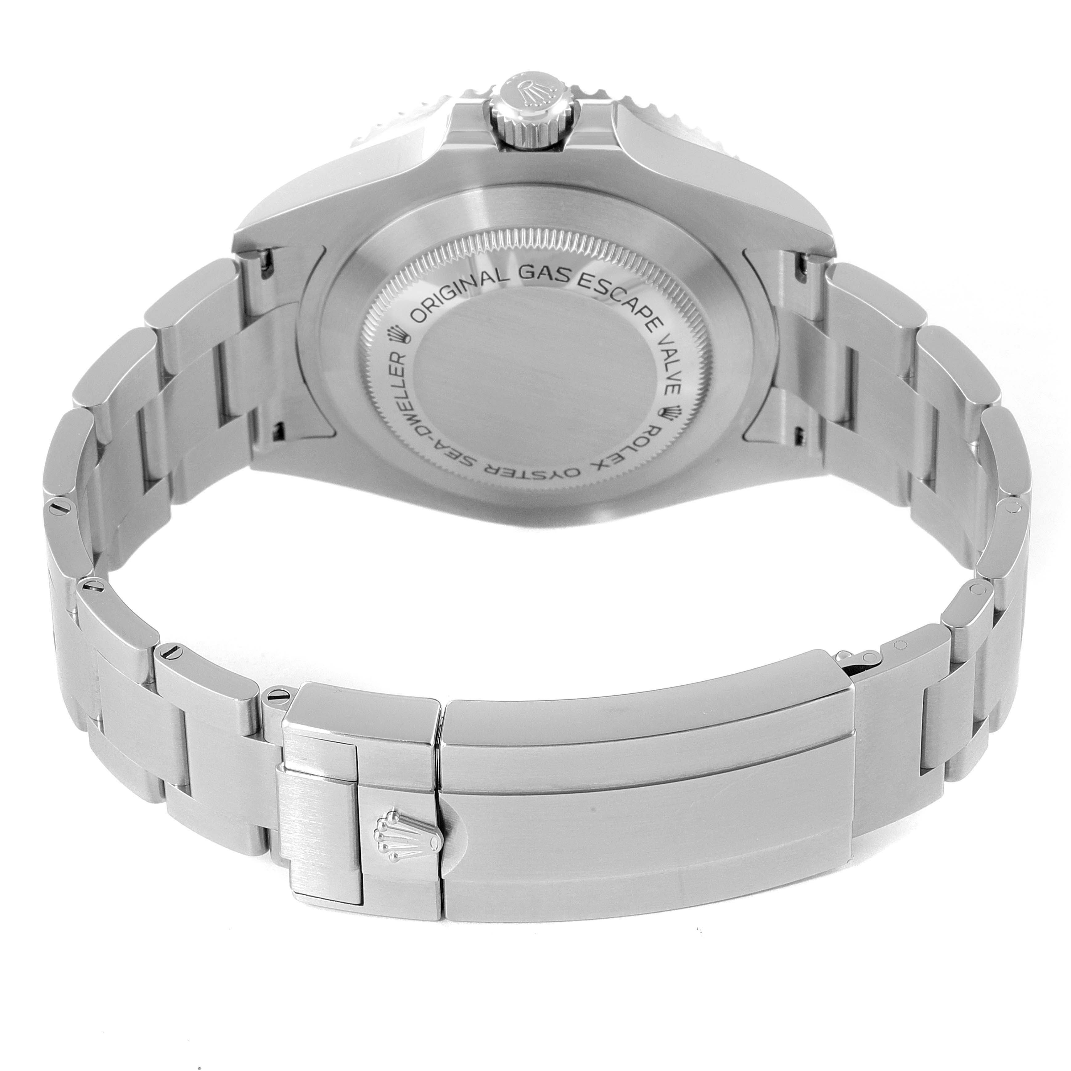 This image shows the back view of the Rolex Sea-Dweller 126600 Men
s Stainless Steel Black Dial 126600 Men
s Stainless Steel Black Dial watch, including its bracelet and clasp.