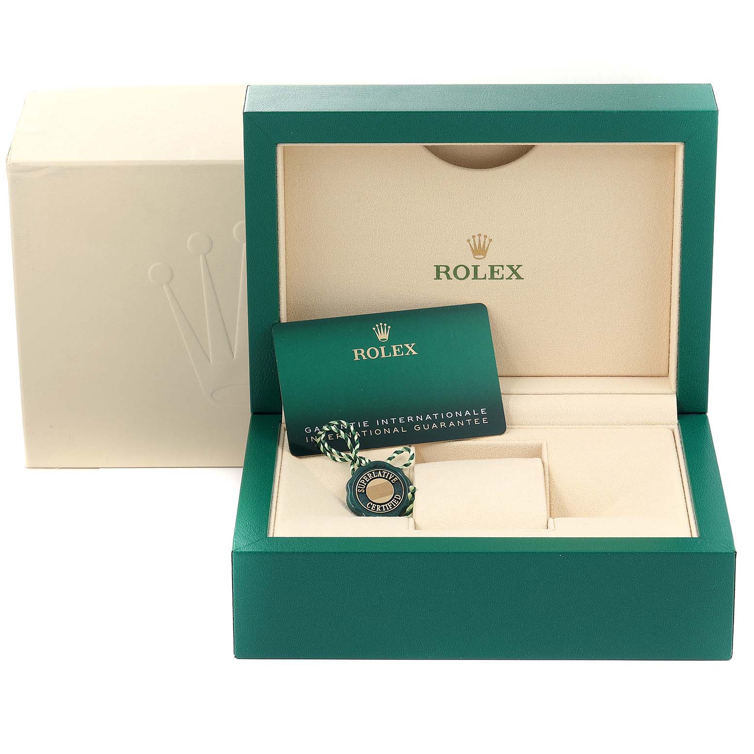 The image shows a Rolex Sea-Dweller 126600 Men
s Stainless Steel Black Dial 126600 Men
s Stainless Steel Black Dial box and accessories, including the warranty card and a Rolex-certified tag.