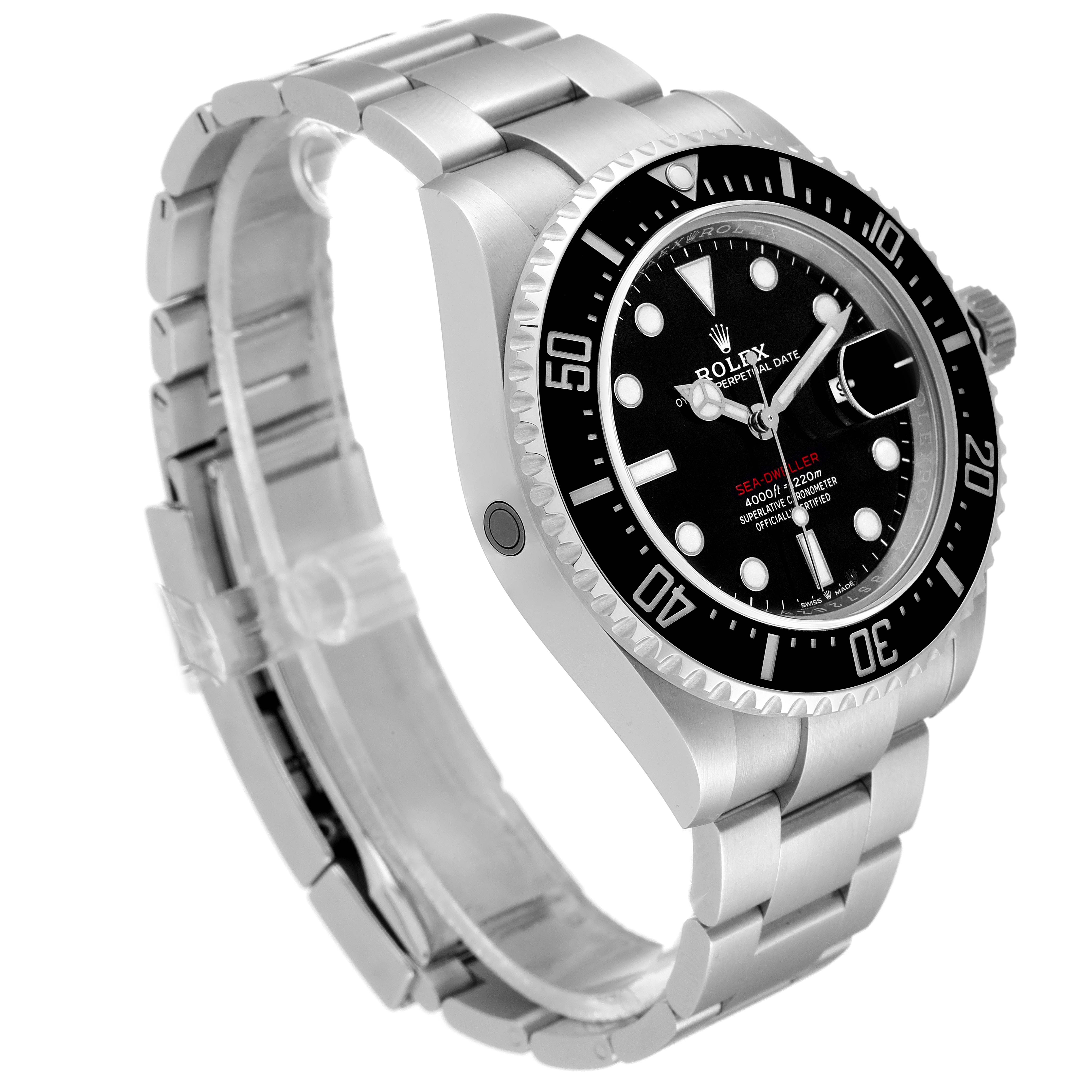 The image shows a Rolex Sea-Dweller 126600 Men
s Stainless Steel Black Dial 126600 Men
s Stainless Steel Black Dial watch angled to display the face, bezel, and part of the metal bracelet.