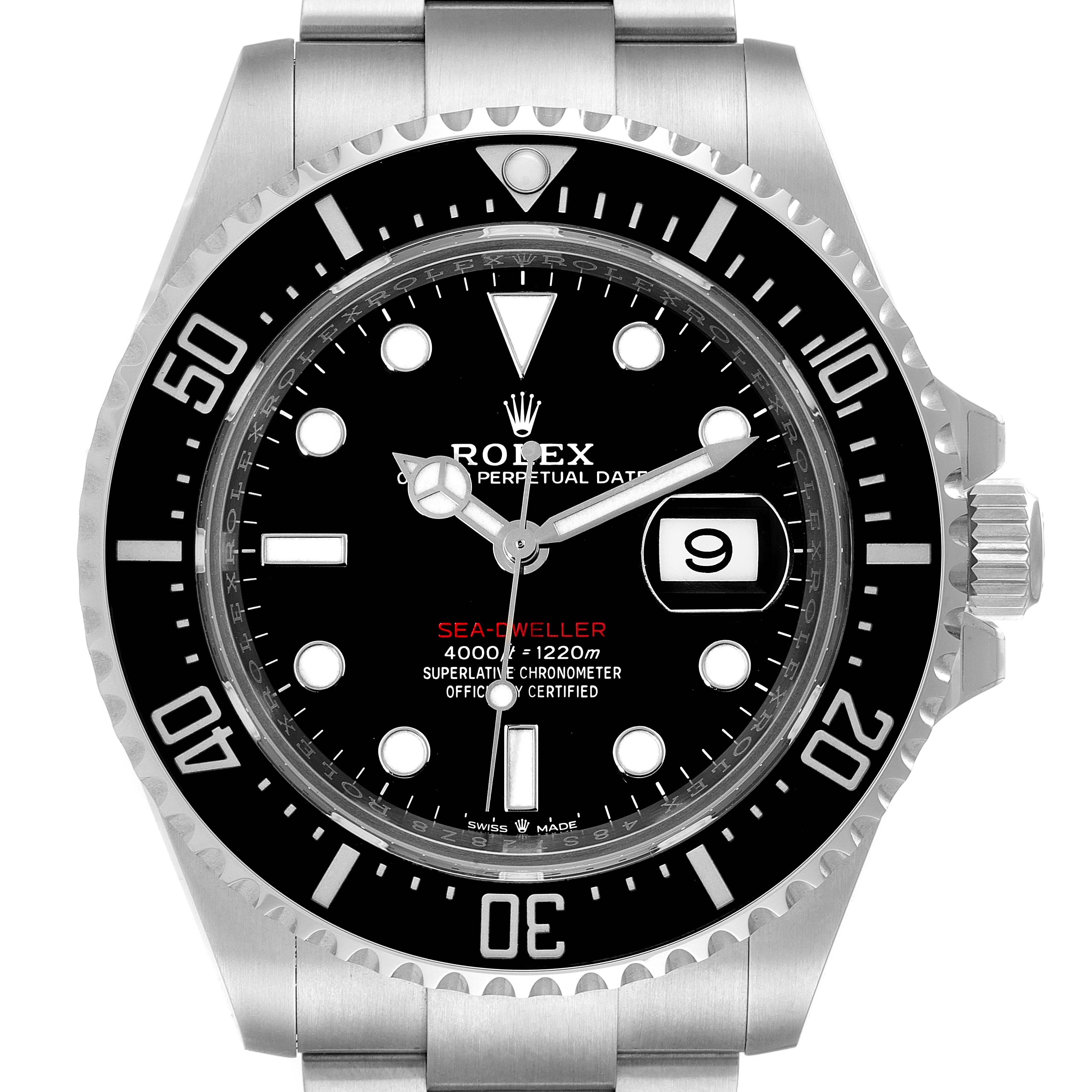 This image shows a front view of the Rolex Sea-Dweller 126600 Men
s Stainless Steel Black Dial 126600 Men
s Stainless Steel Black Dial watch, highlighting the dial, bezel, and part of the bracelet.