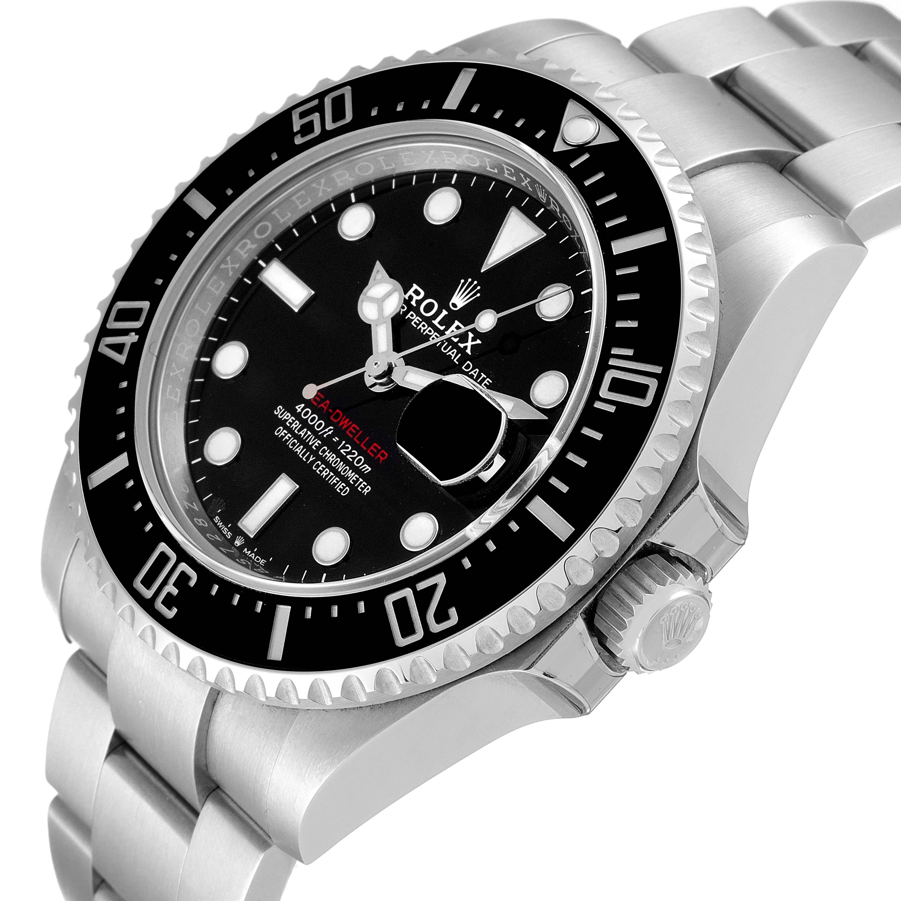 This image shows a Rolex Sea-Dweller 126600 Men
s Stainless Steel Black Dial 126600 Men
s Stainless Steel Black Dial watch at an angled close-up, highlighting the bezel, dial, crown, and part of the bracelet.