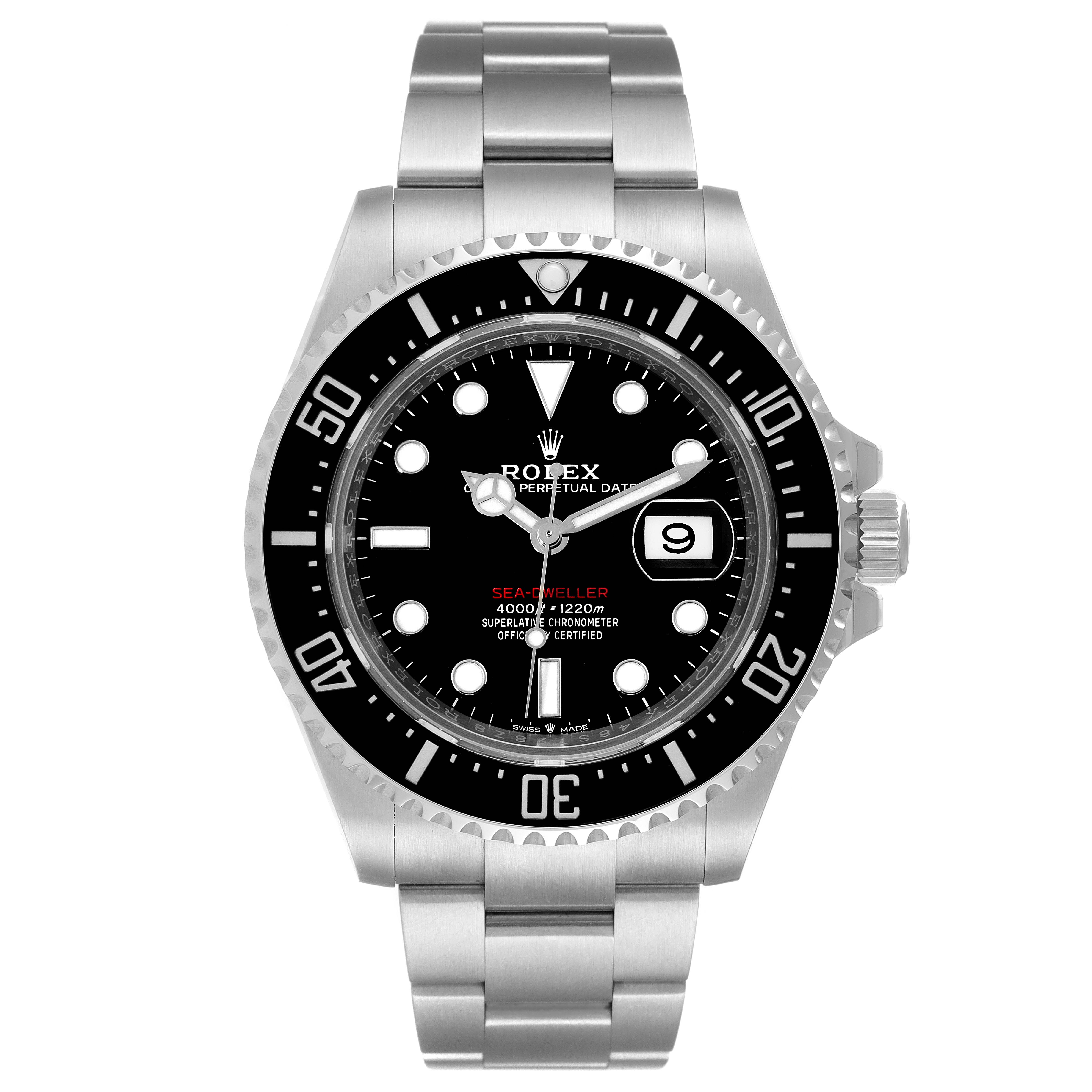 This image shows a front view of a Rolex Sea-Dweller 126600 Men
s Stainless Steel Black Dial 126600 Men
s Stainless Steel Black Dial watch, featuring its black dial, date window, and stainless steel bracelet.