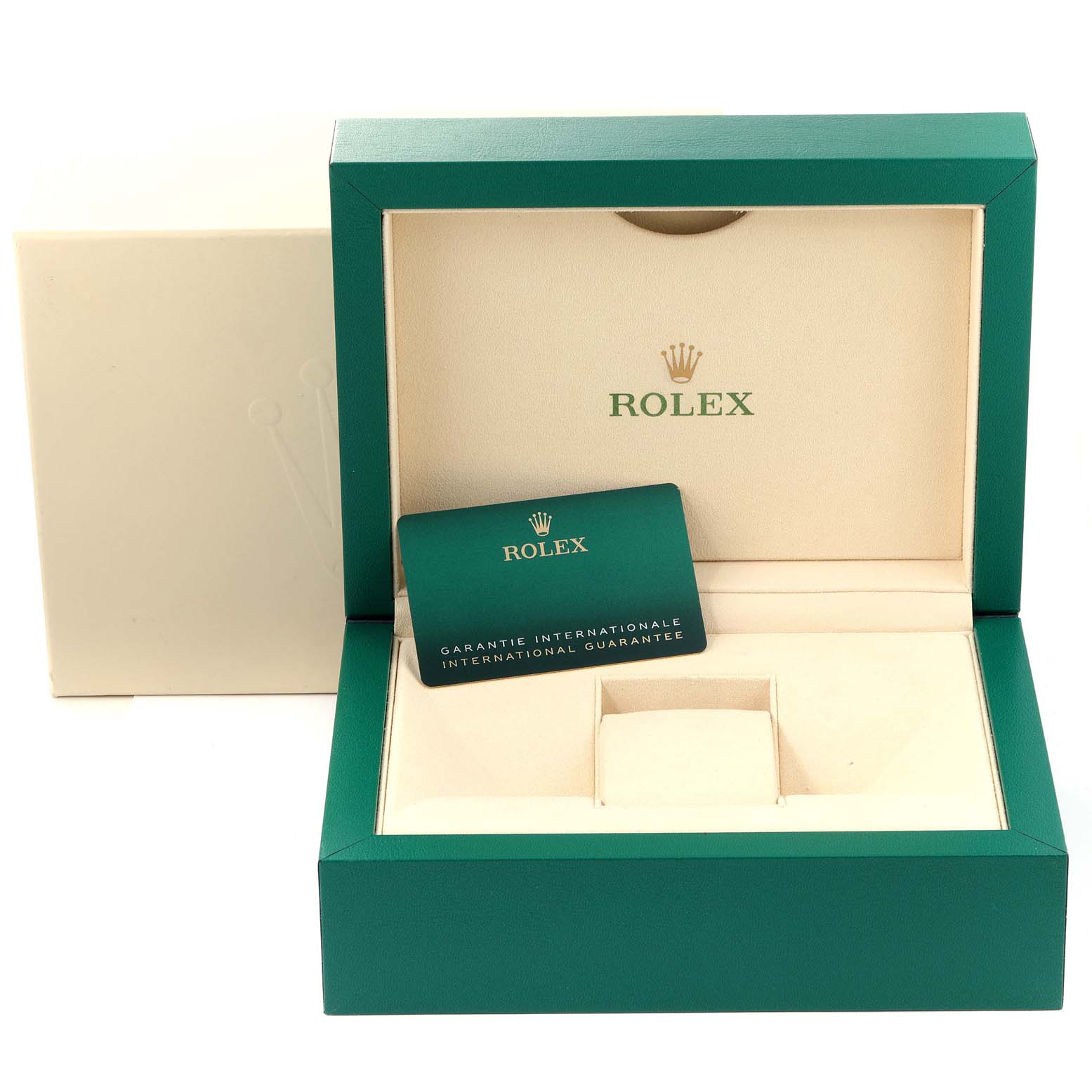 The image shows a Rolex Sea-Dweller 126660 Men
s Stainless Steel Blue Dial 126660 Men
s Stainless Steel Blue Dial watch box at an open angle, revealing its interior and an international guarantee card.