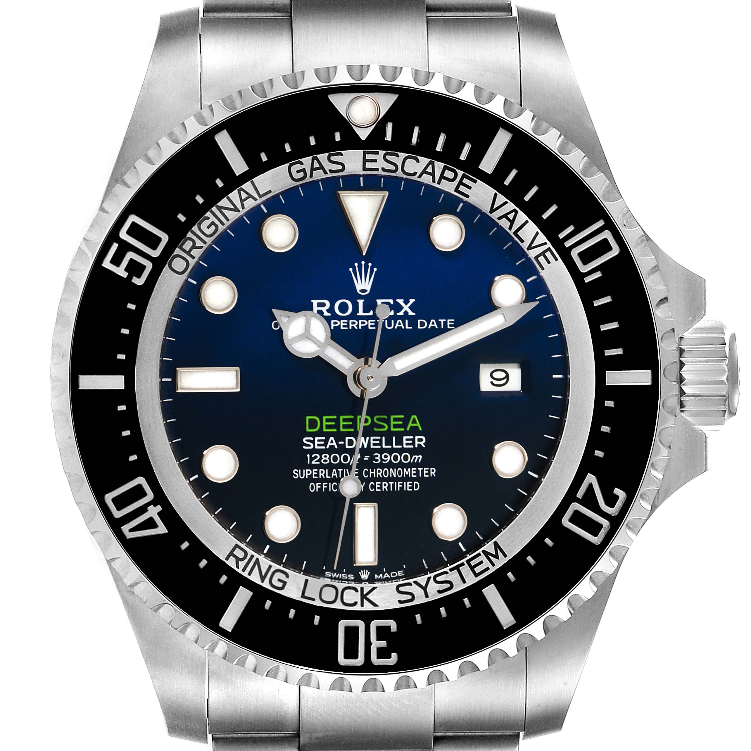 The image shows a front view of the Rolex Sea-Dweller 126660 Men
s Stainless Steel Blue Dial 126660 Men
s Stainless Steel Blue Dial model, focusing on its dial, bezel, and part of the bracelet.
