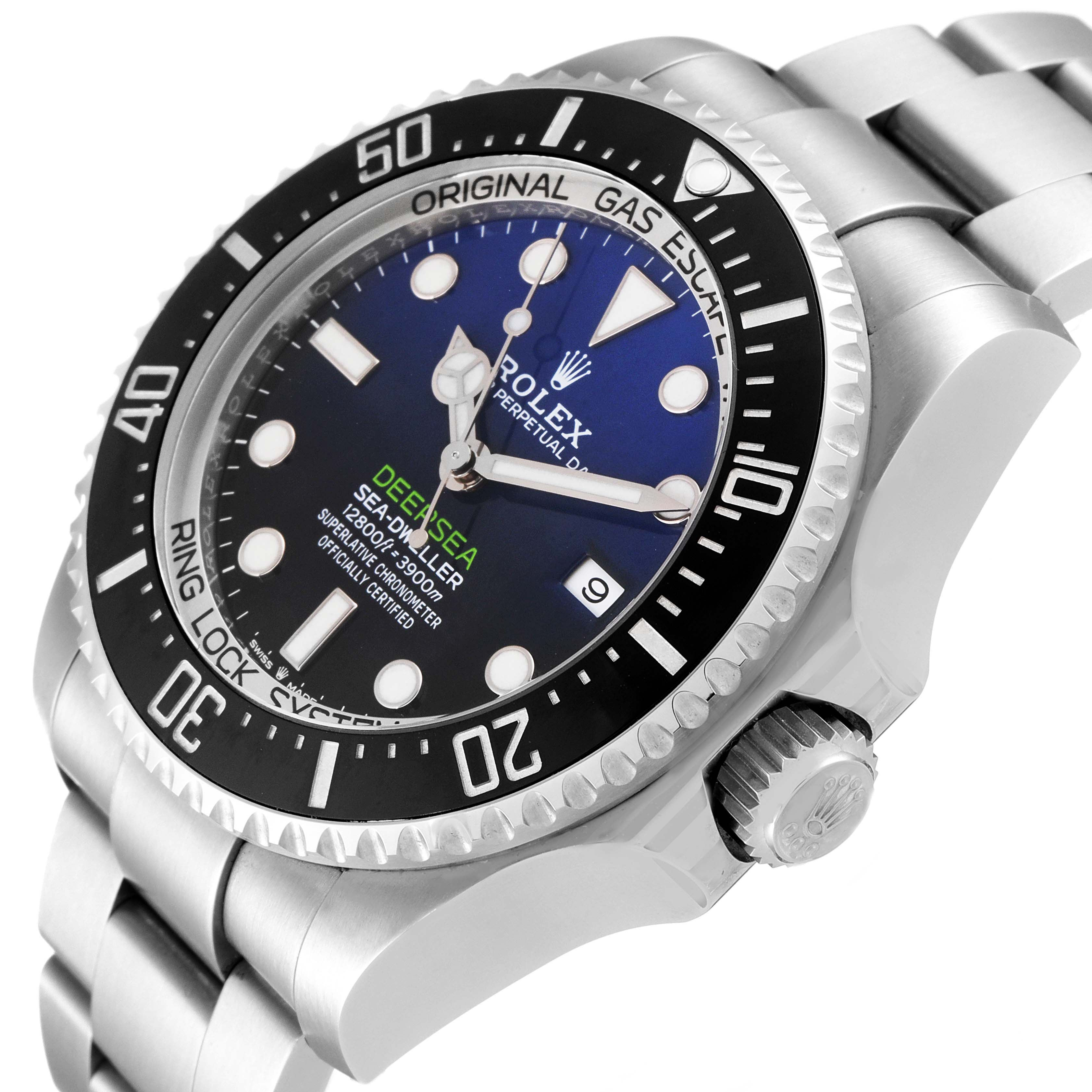 This image shows a side and slightly tilted view of the Rolex Sea-Dweller 126660 Men
s Stainless Steel Blue Dial 126660 Men
s Stainless Steel Blue Dial watch, showcasing the watch face, bezel, and part of the strap.