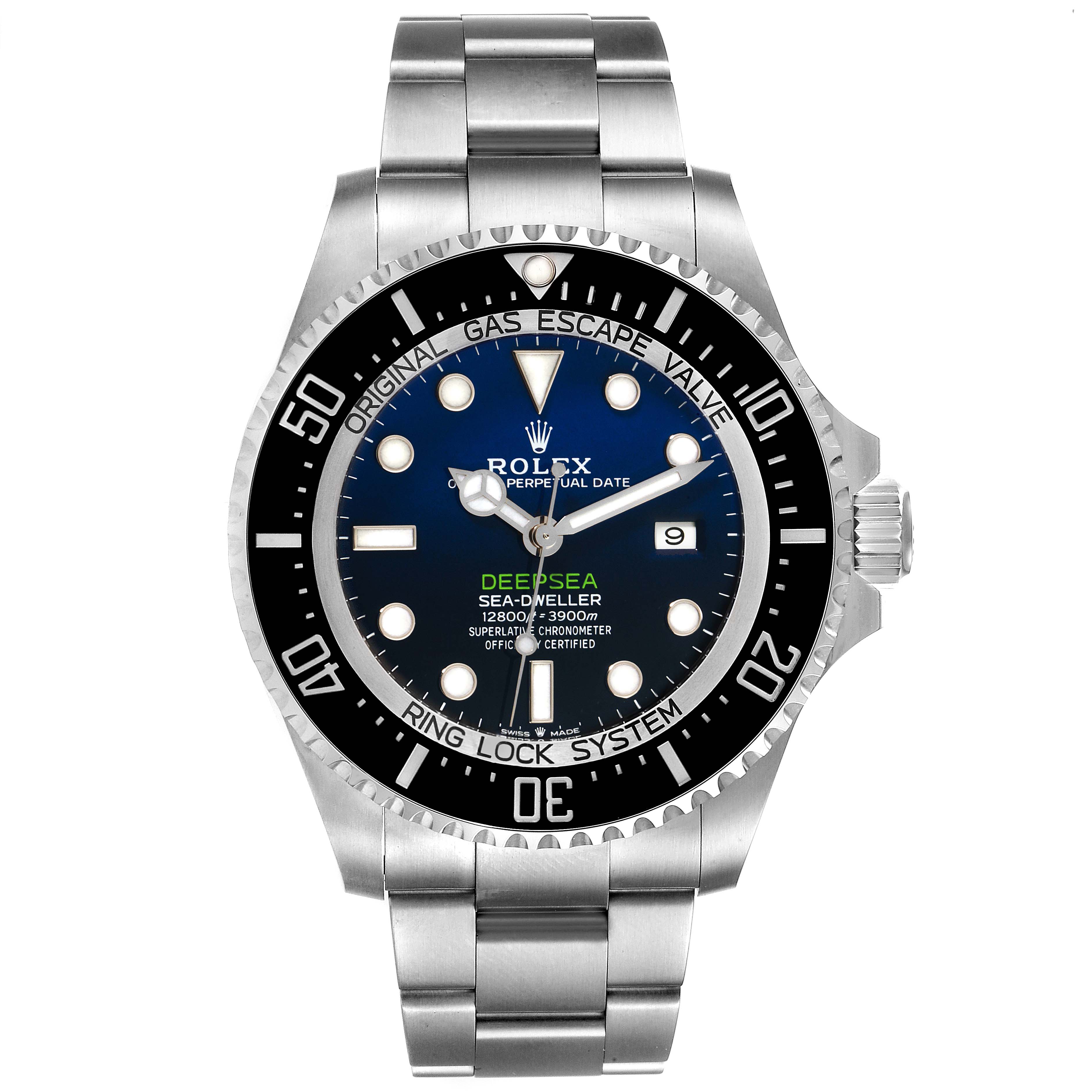 The image shows a front view of a Rolex Sea-Dweller 126660 Men
s Stainless Steel Blue Dial 126660 Men
s Stainless Steel Blue Dial watch, displaying the dial, bezel, crown, and stainless steel bracelet.