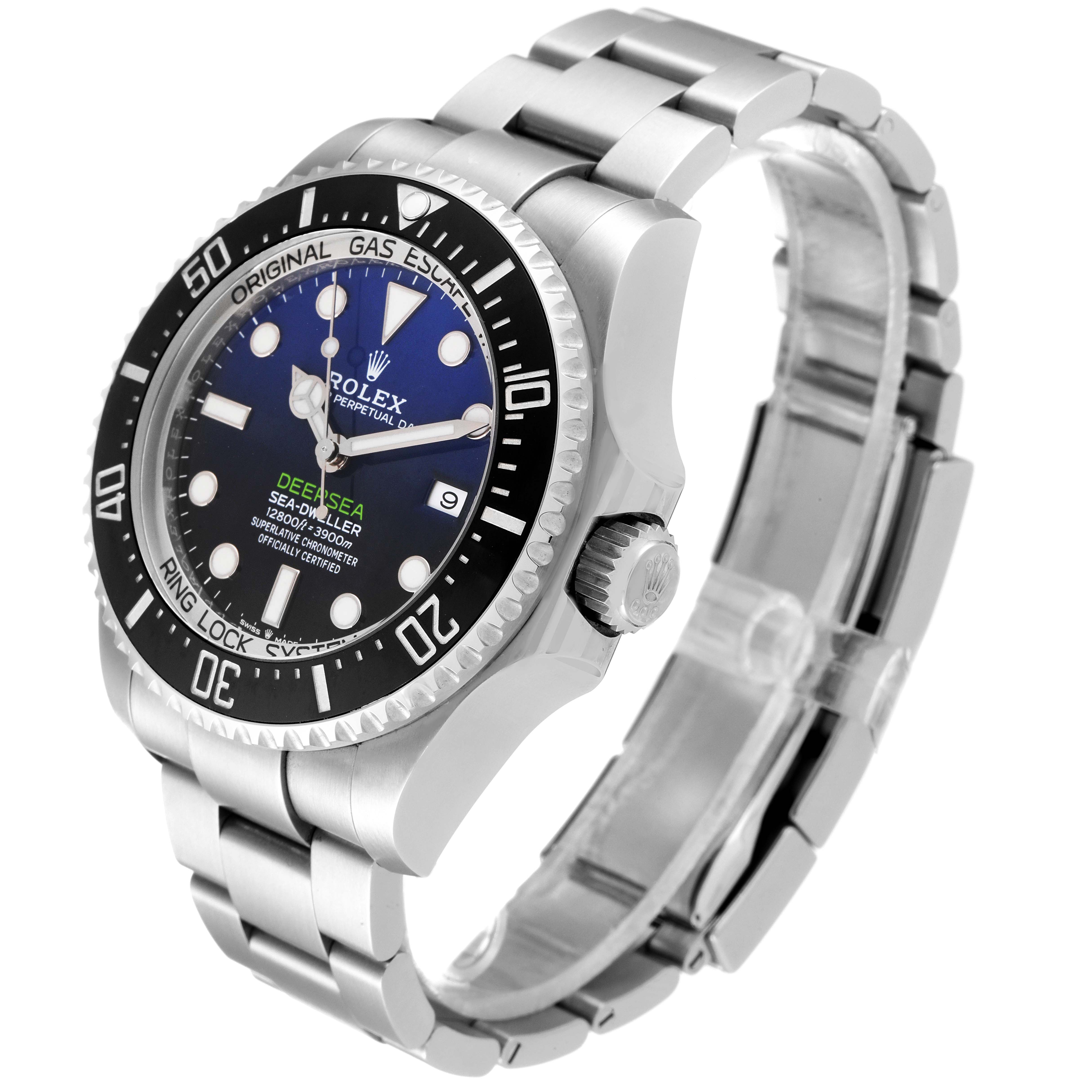 The Rolex Sea-Dweller 126660 Men
s Stainless Steel Blue Dial 126660 Men
s Stainless Steel Blue Dial watch is shown at a three-quarter angle, displaying the bezel, dial, crown, and bracelet.