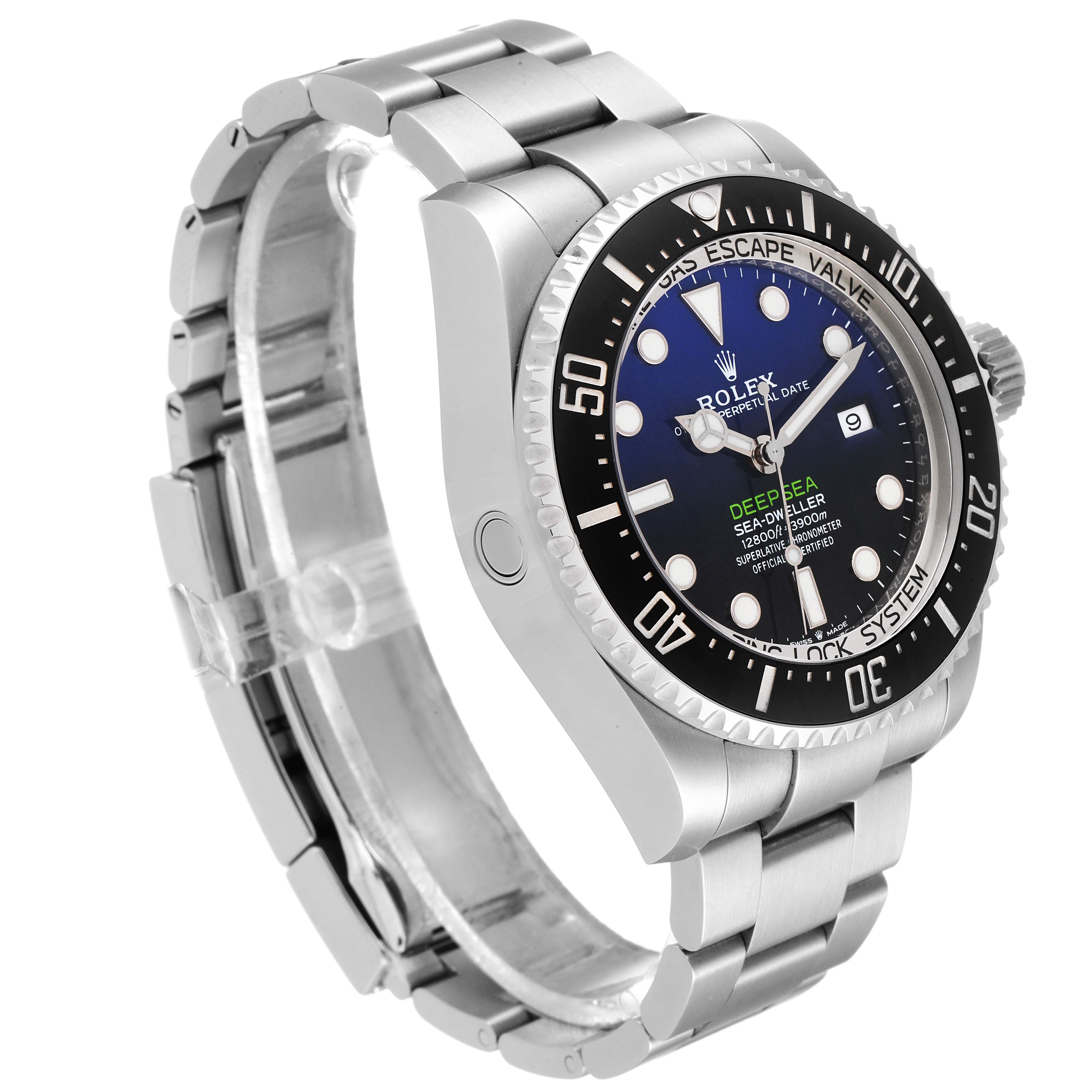 The image shows a side-angle view of the Rolex Sea-Dweller 126660 Men
s Stainless Steel Blue Dial 126660 Men
s Stainless Steel Blue Dial watch, highlighting its bezel, dial, case, and bracelet.