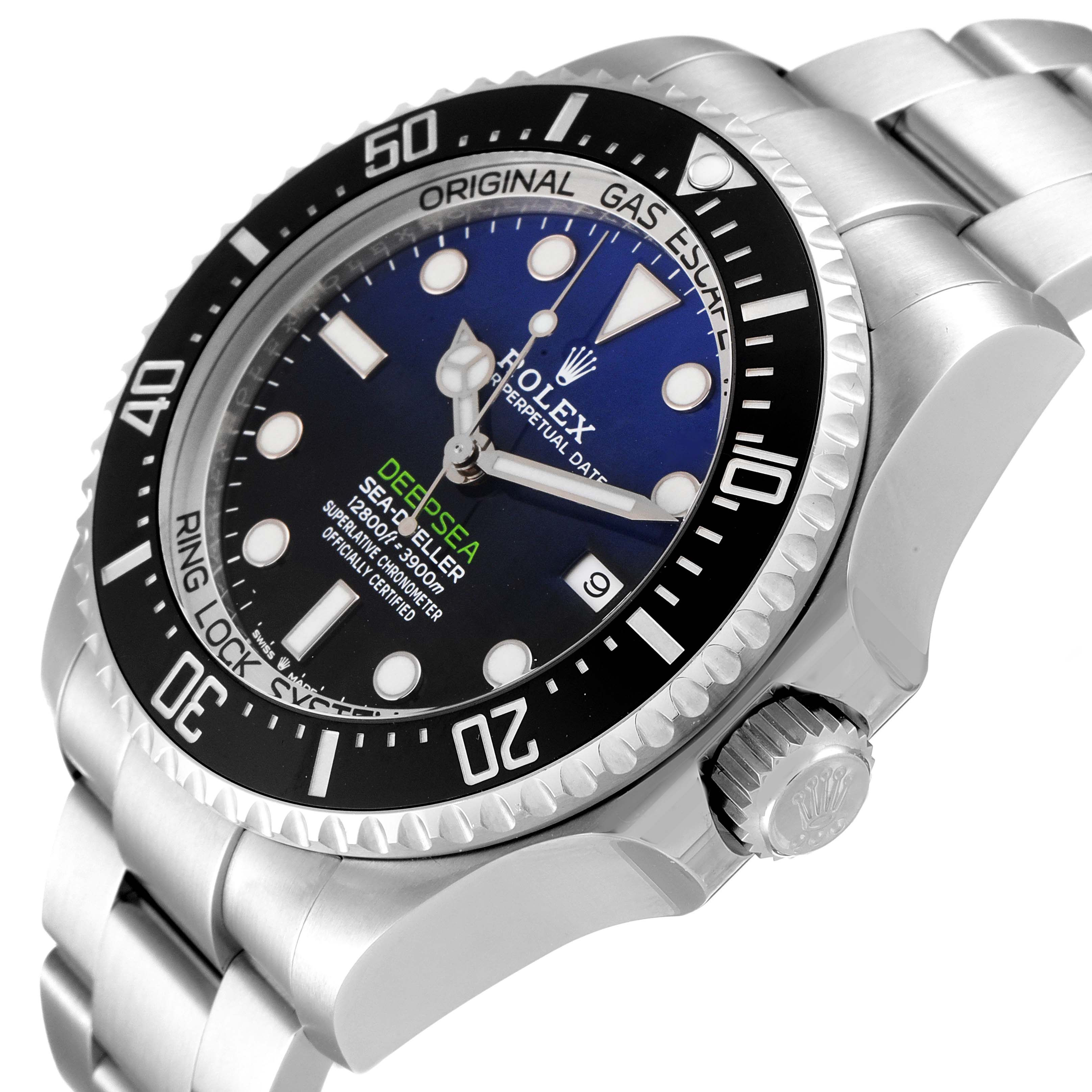 The image shows a Rolex Sea-Dweller 126660 Men
s Stainless Steel Blue Dial 126660 Men
s Stainless Steel Blue Dial watch at an angle, highlighting the dial, bezel, and crown.
