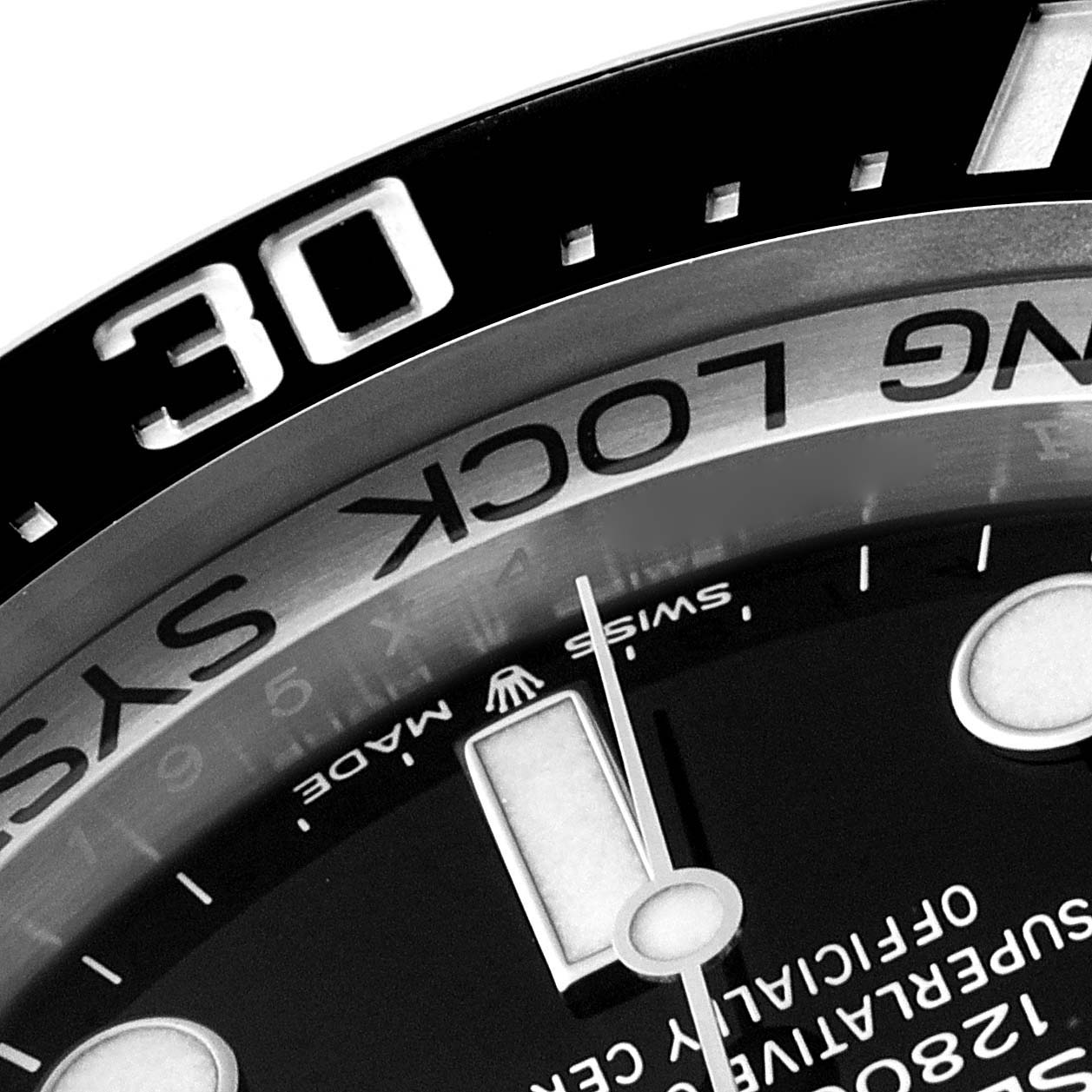 The image shows a close-up of the bezel and part of the dial and hands of the Rolex Sea-Dweller 126660 Men
s Stainless Steel Blue Dial 126660 Men
s Stainless Steel Blue Dial watch.