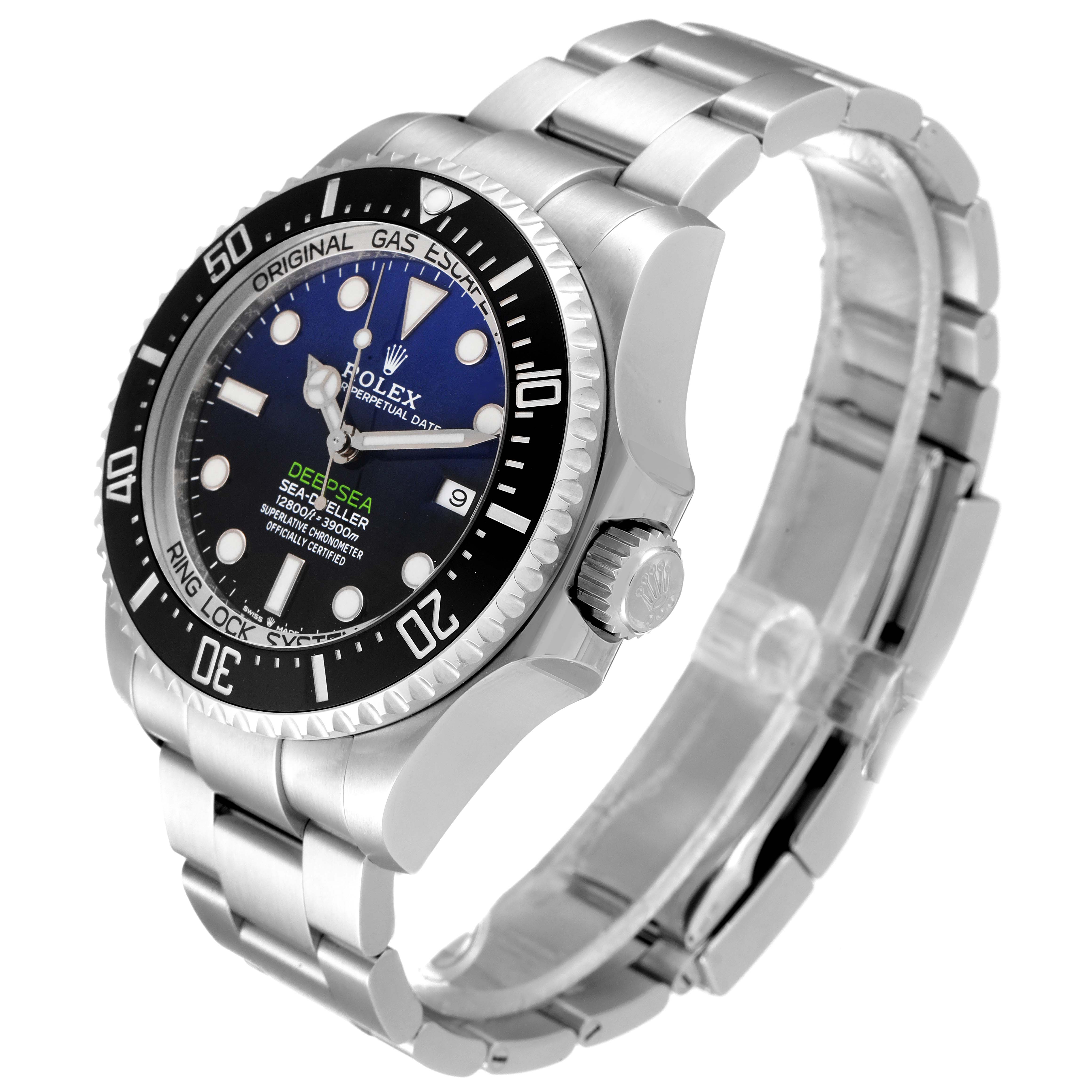 The Rolex Sea-Dweller 126660 Men
s Stainless Steel Blue Dial 126660 Men
s Stainless Steel Blue Dial watch is shown at an angle displaying the face, bezel, crown, and part of the band.