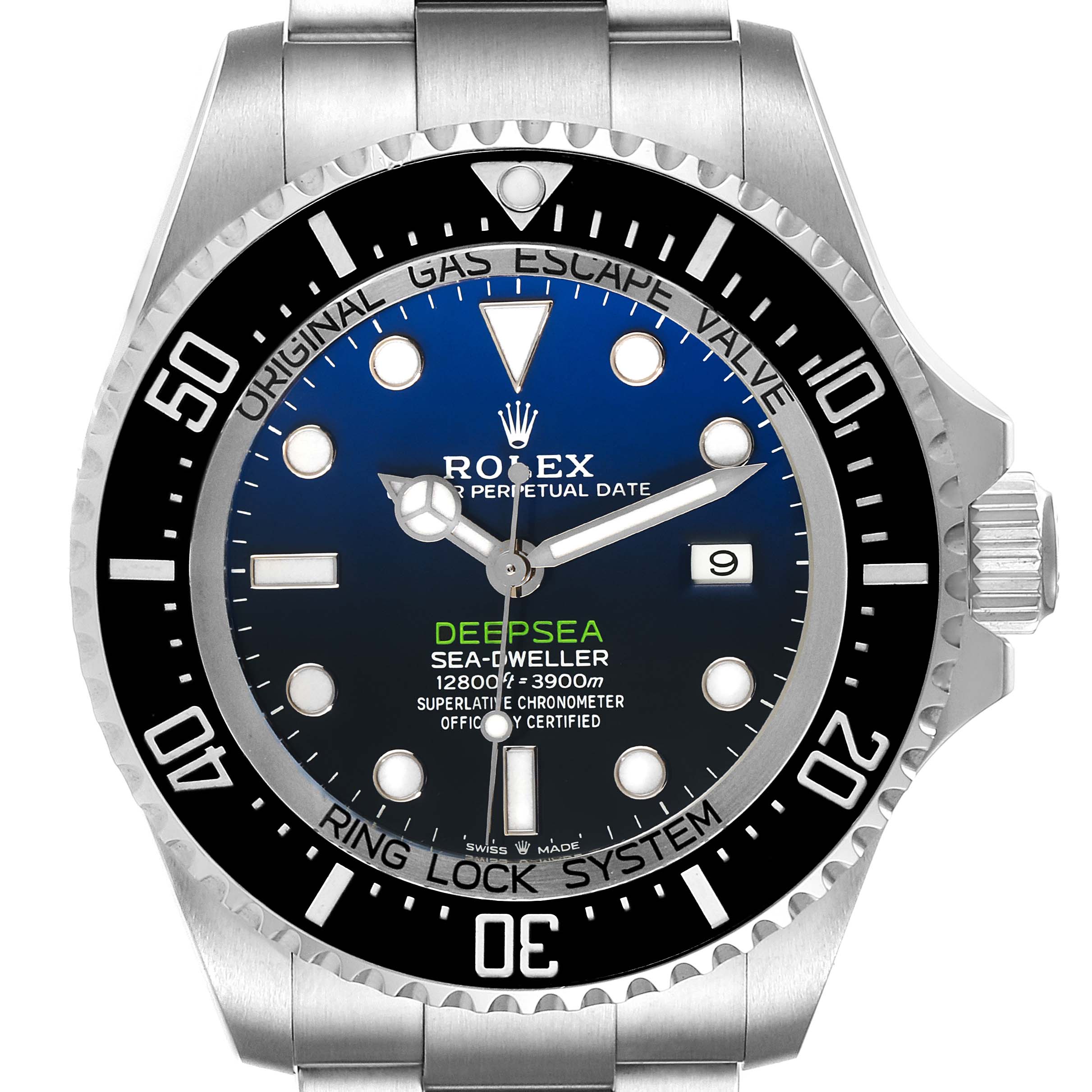 This image depicts a frontal view of the Rolex Sea-Dweller 126660 Men
s Stainless Steel Blue Dial 126660 Men
s Stainless Steel Blue Dial Deepsea watch, showcasing the dial, bezel, and part of the bracelet.