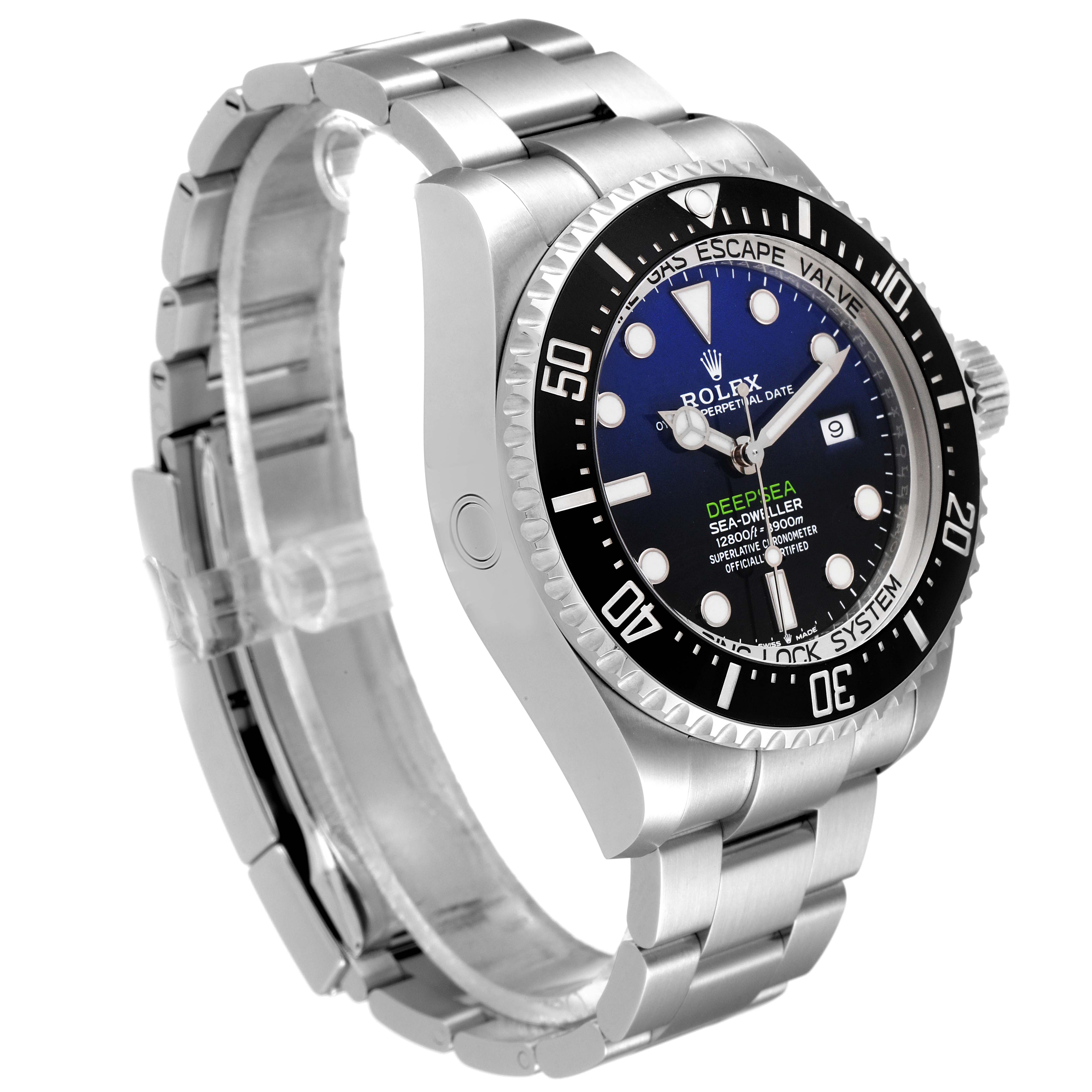 The image shows a side and angled front view of a Rolex Sea-Dweller 126660 Men
s Stainless Steel Blue Dial 126660 Men
s Stainless Steel Blue Dial watch, featuring the casing, bezel, and bracelet.