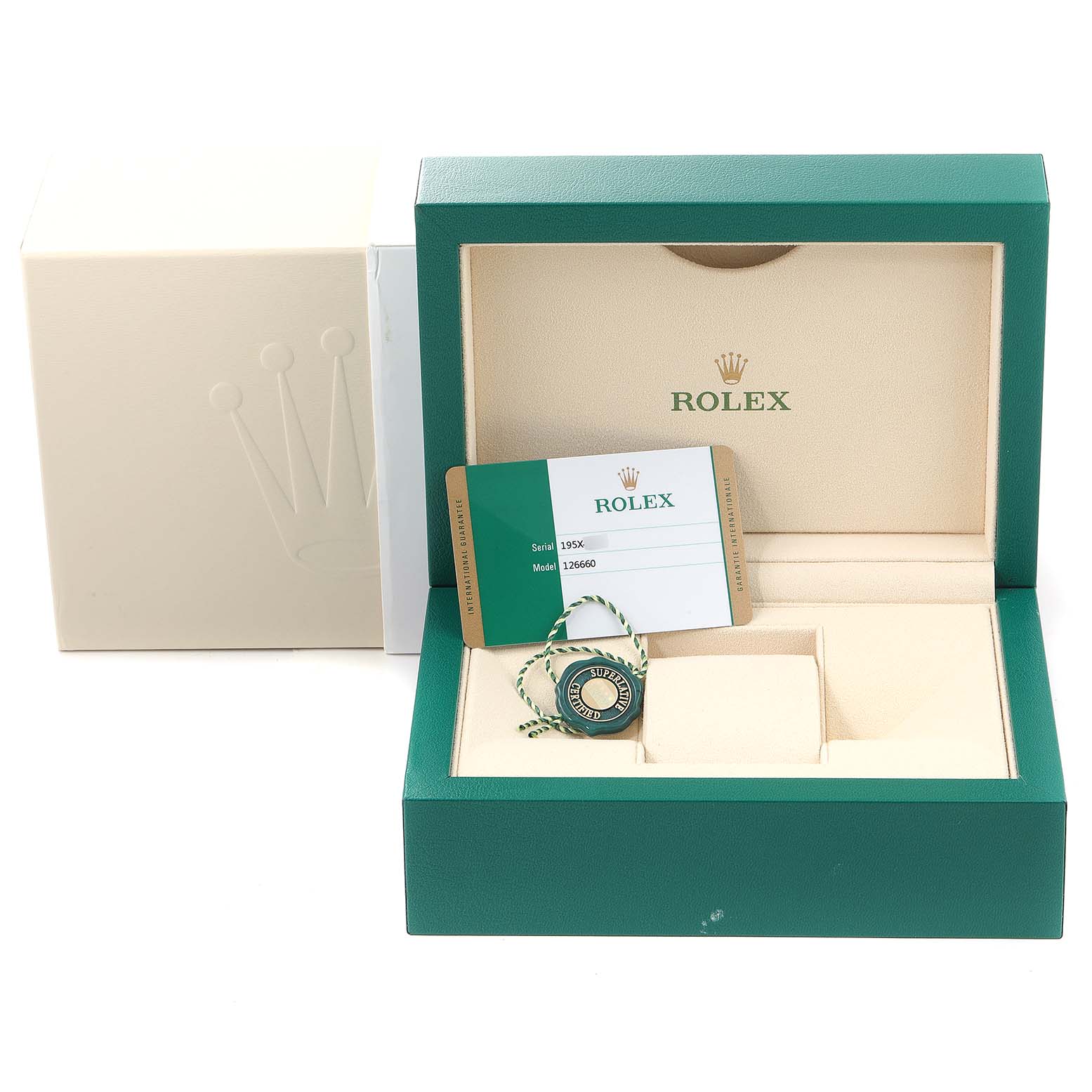 The Rolex Sea-Dweller 126660 Men
s Stainless Steel Blue Dial 126660 Men
s Stainless Steel Blue Dial watch accessories shown include a green watch box, Best Quality
ity card, and tag, all viewed from the front.