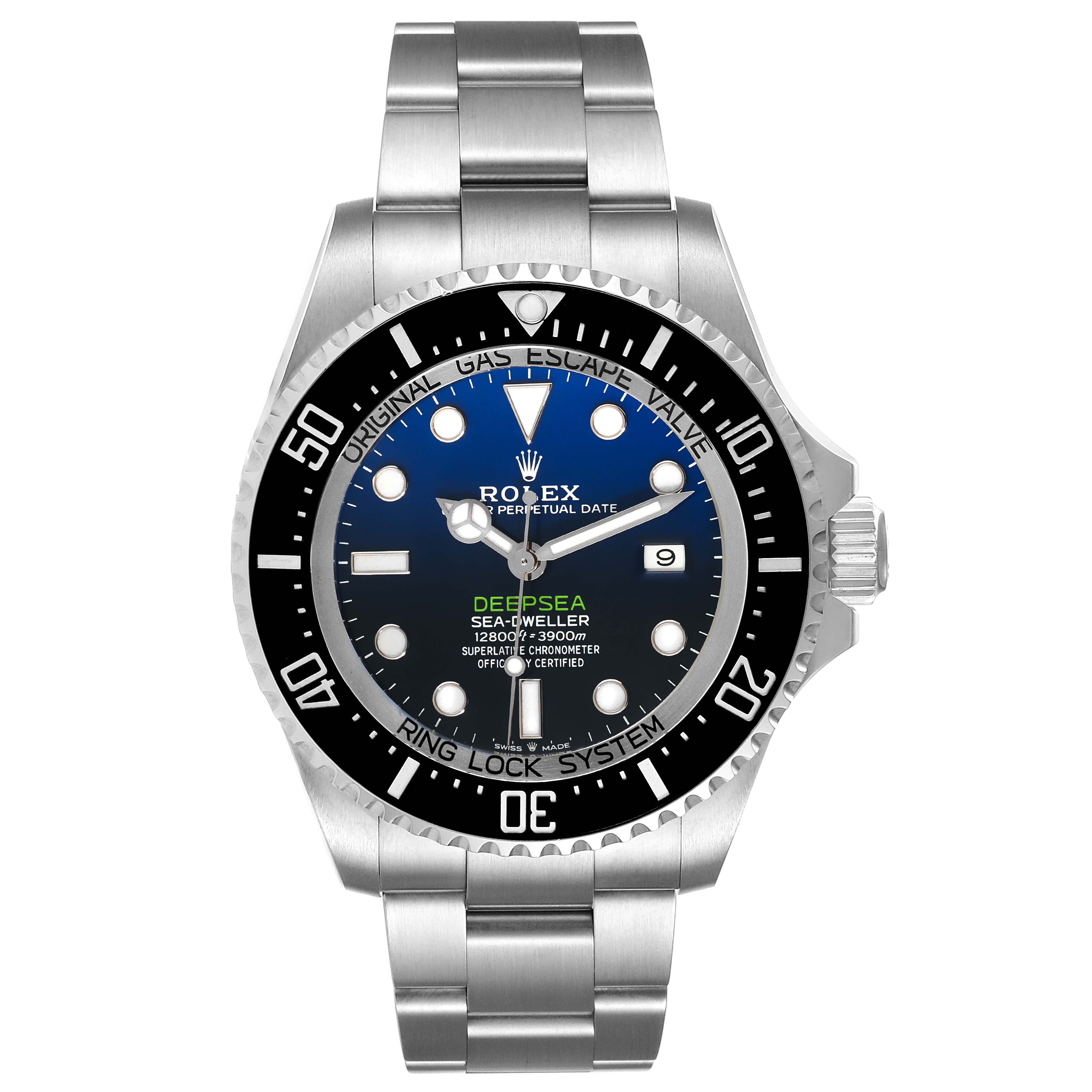 The image shows a front view of a Rolex Sea-Dweller 126660 Men
s Stainless Steel Blue Dial 126660 Men
s Stainless Steel Blue Dial Deepsea watch displaying its dial, bezel, and bracelet.