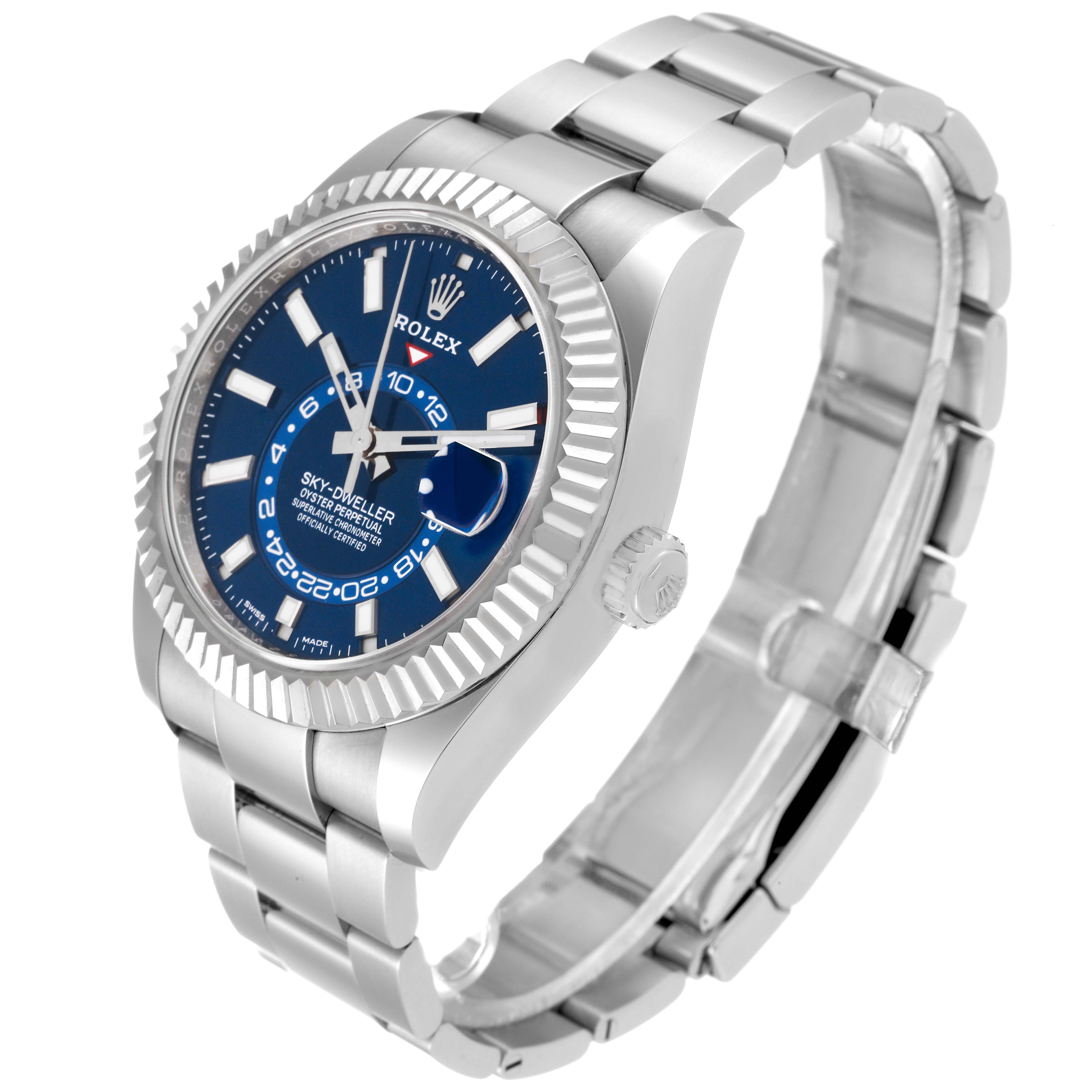 The image shows a Rolex Sky-Dweller 326934 Men's Stainless Steel Blue Dial 326934 Men's Stainless Steel Blue Dial watch at a three-quarter angle, highlighting its blue dial, silver bezel, crown, and metal bracelet.
