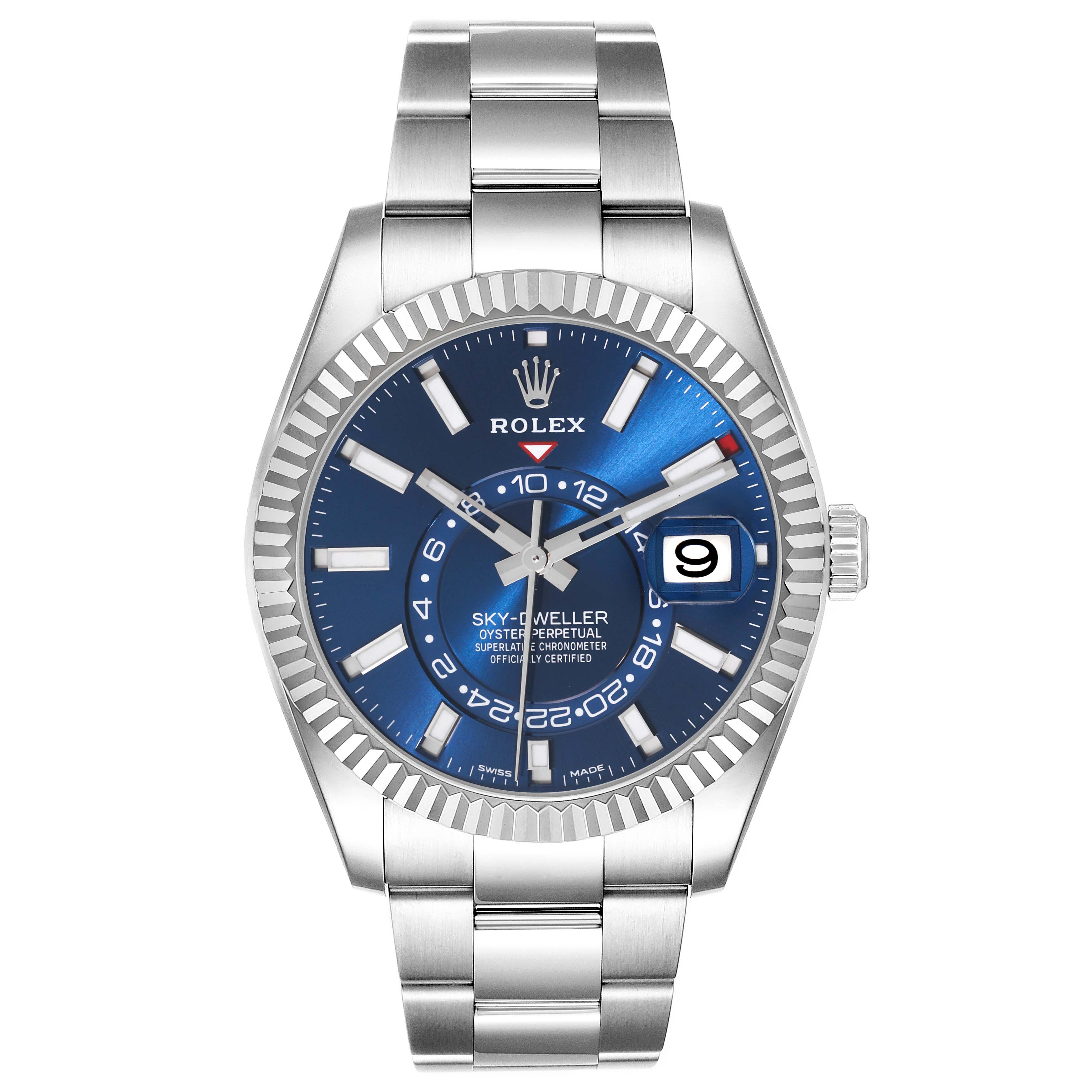 The image shows a Rolex Sky-Dweller 326934 Men's Stainless Steel Blue Dial 326934 Men's Stainless Steel Blue Dial watch from a front angle, displaying its blue dial, bezel, hands, date window, and bracelet.