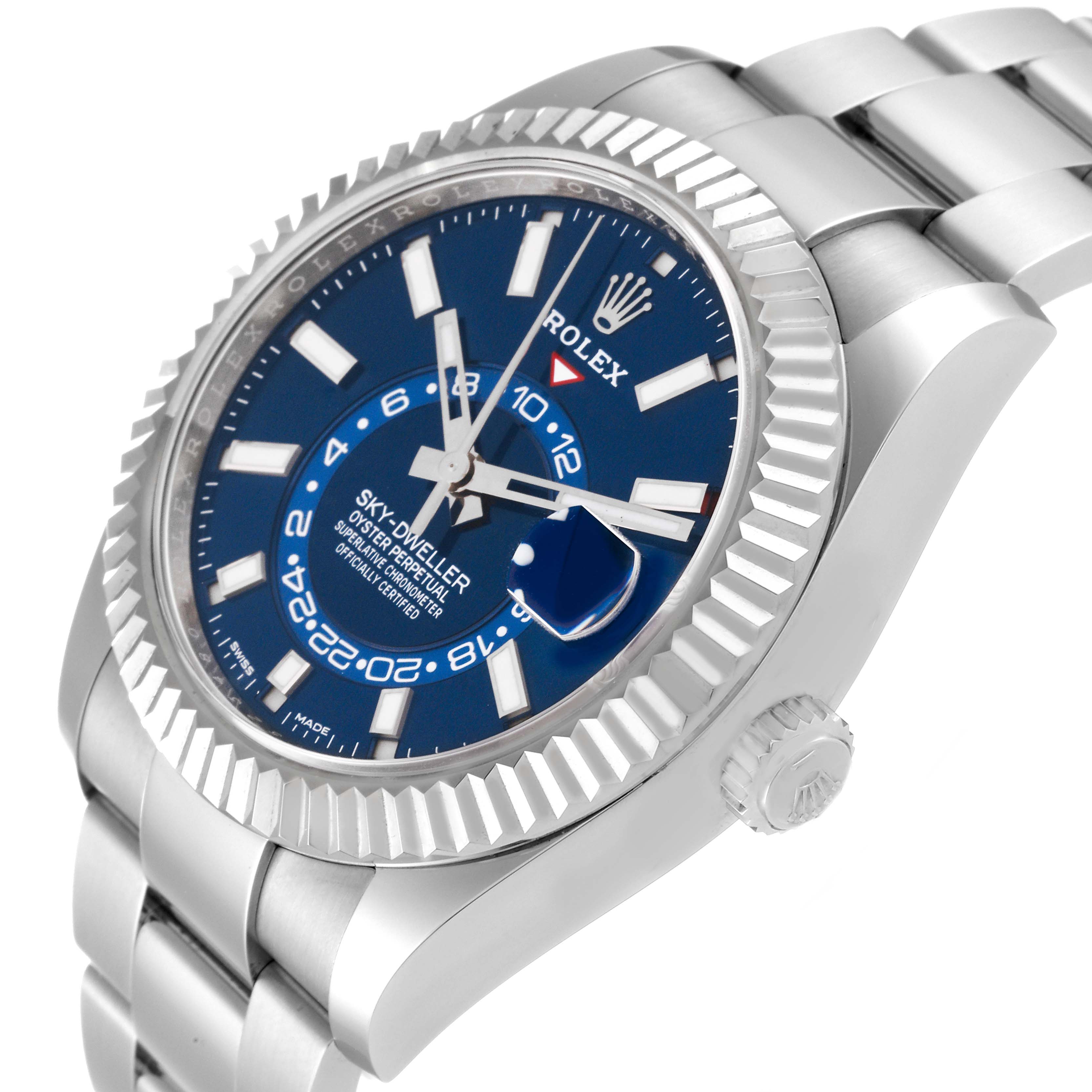 This image shows an angled view of the Rolex Sky-Dweller 326934 Men's Stainless Steel Blue Dial 326934 Men's Stainless Steel Blue Dial, highlighting its blue dial, fluted bezel, and bracelet.