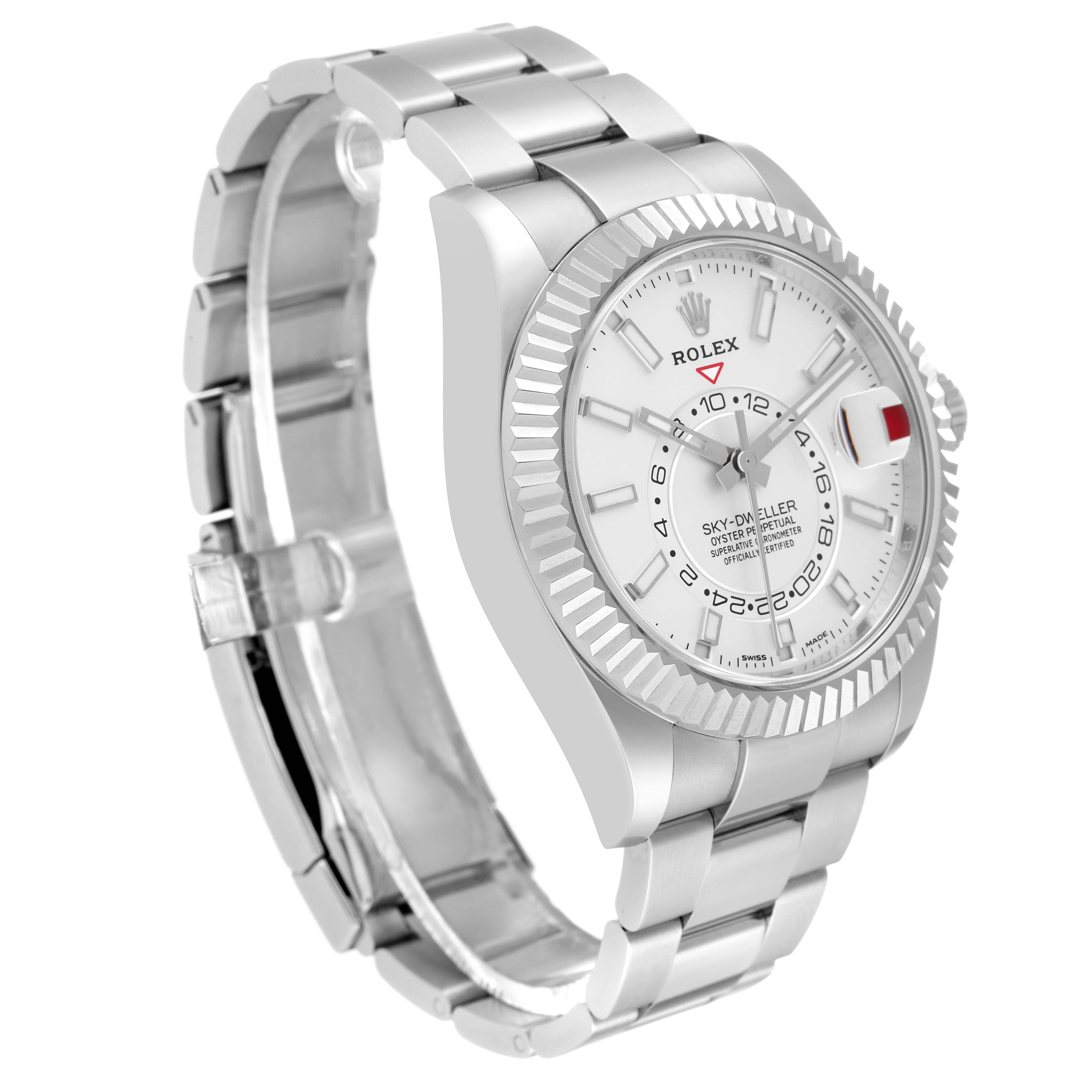 The Rolex Sky-Dweller 326934 Men
s Stainless Steel White Dial 326934 Men
s Stainless Steel White Dial watch is shown at an angled side view, highlighting the dial, bezel, and part of the bracelet.