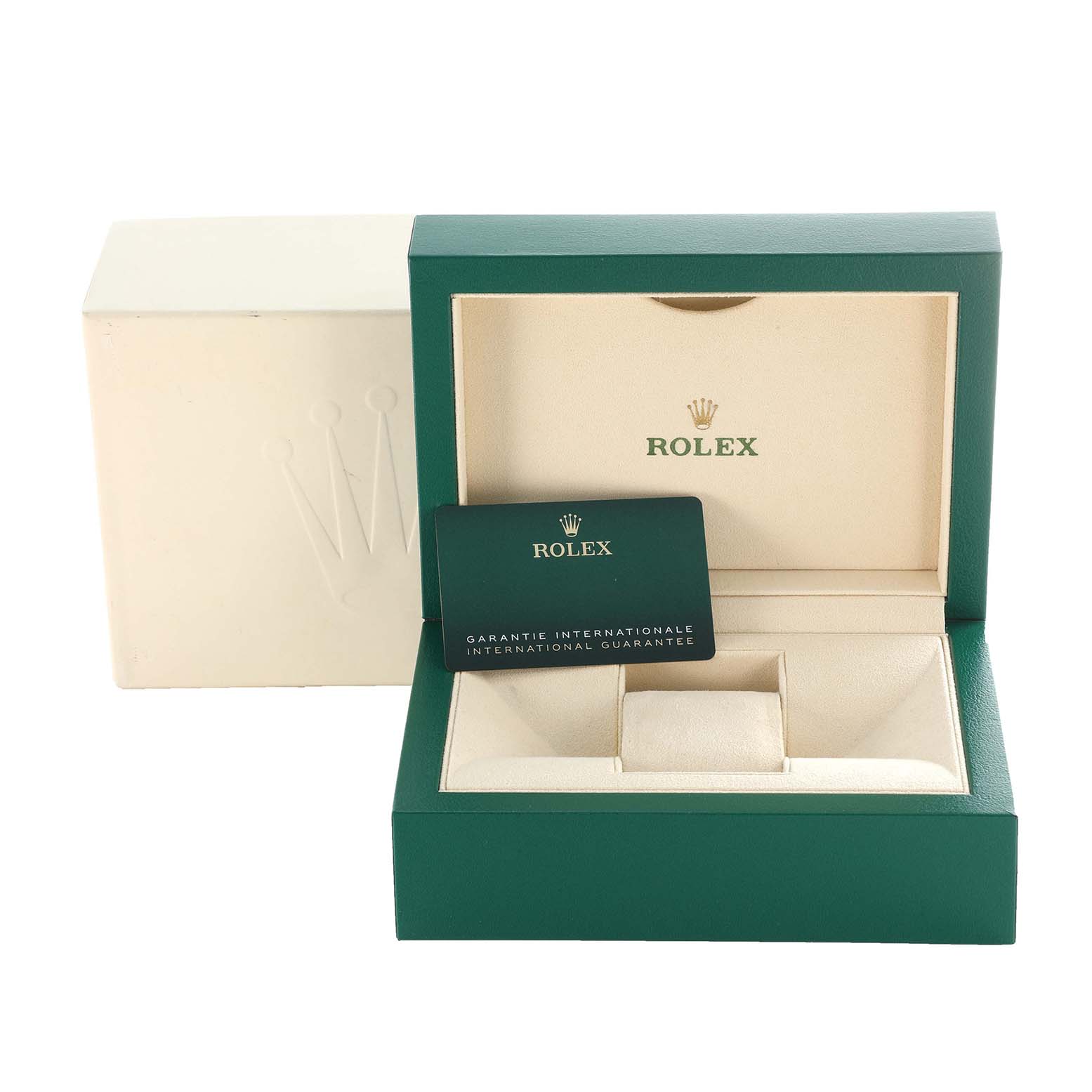 The image shows the packaging for a Rolex Sky-Dweller 326934 Men
s Stainless Steel White Dial 326934 Men
s Stainless Steel White Dial watch, including the box and international guarantee card.