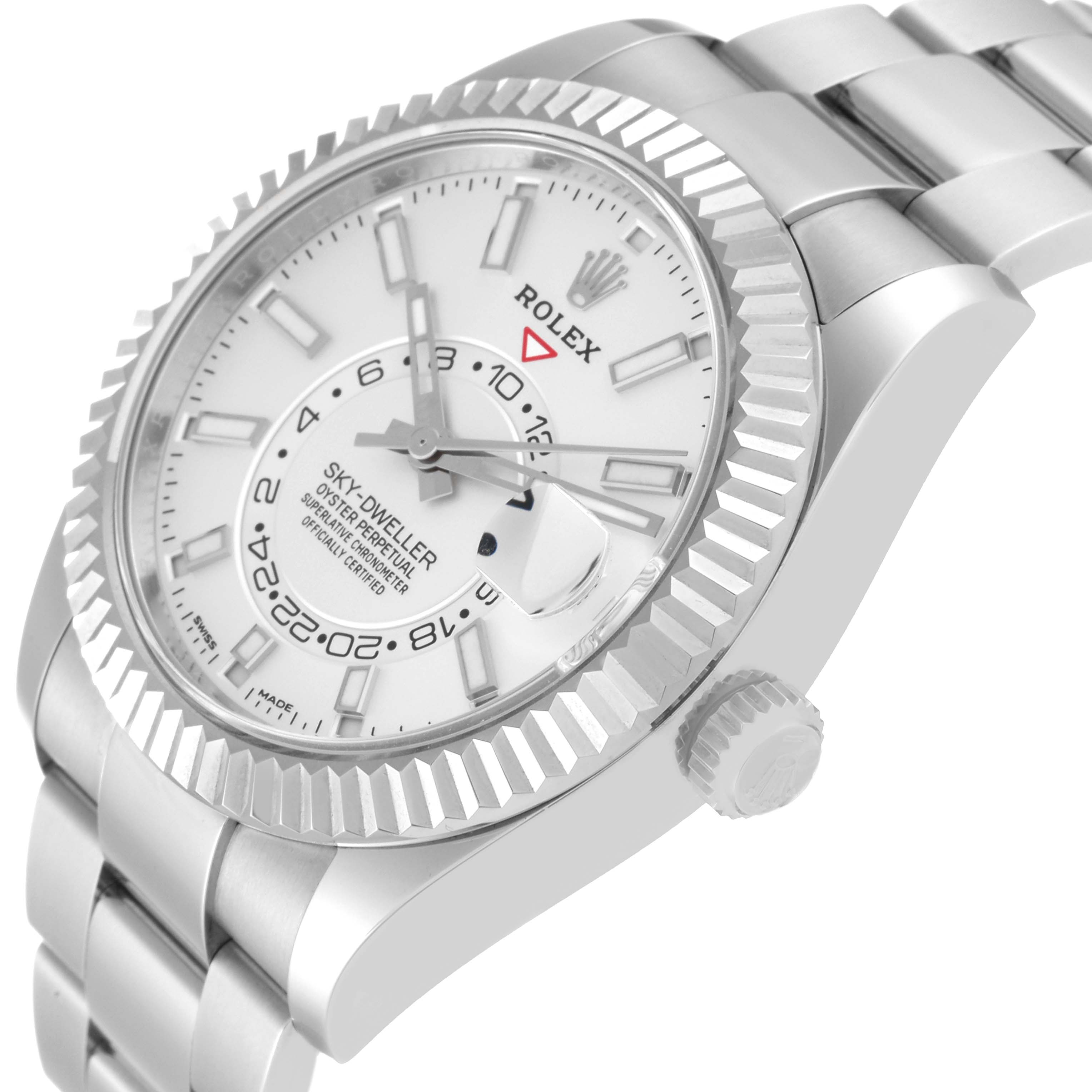 The image shows a close-up angled view of the Rolex Sky-Dweller 326934 Men
s Stainless Steel White Dial 326934 Men
s Stainless Steel White Dial watch, highlighting its dial, fluted bezel, crown, and bracelet.