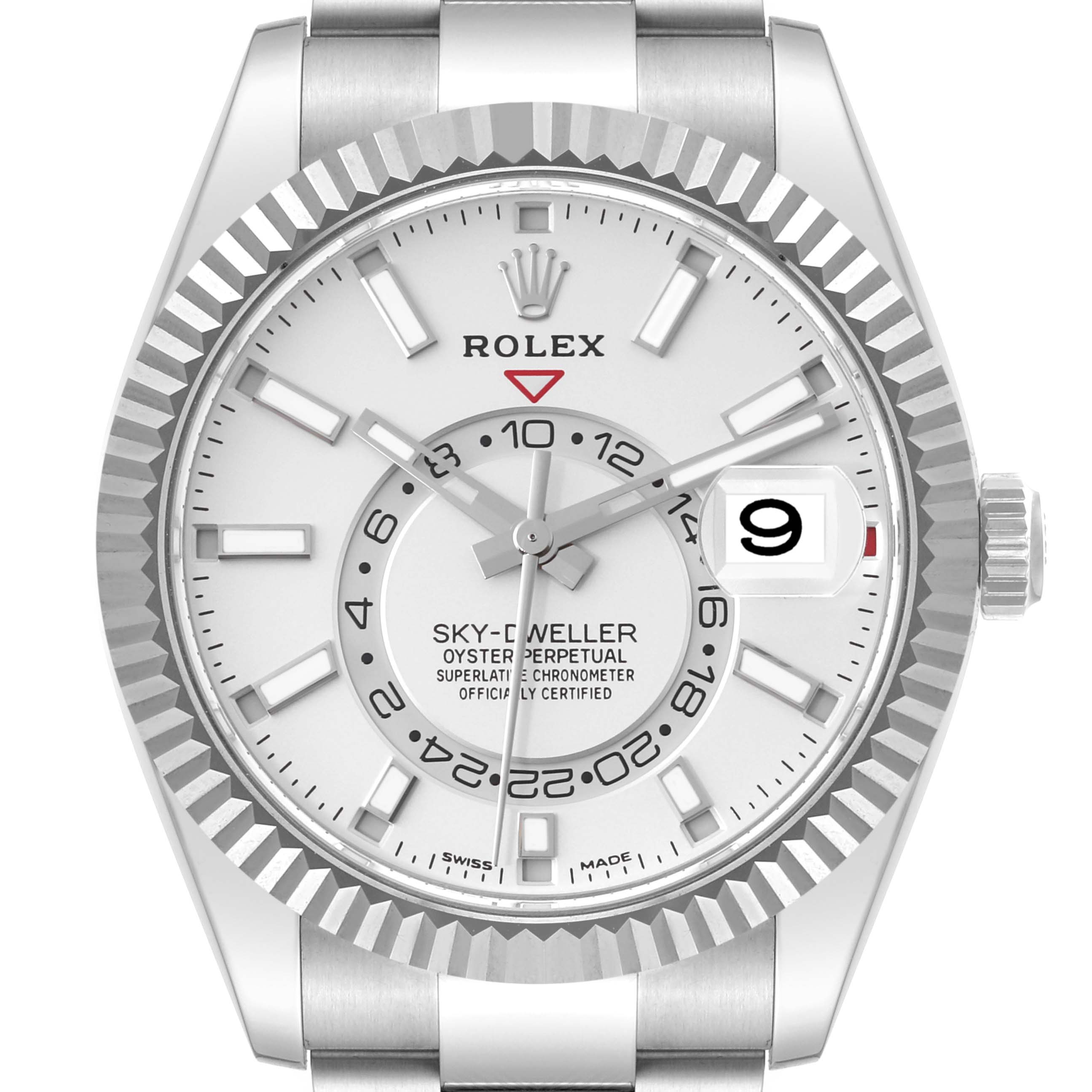 The image shows a front view of the Rolex Sky-Dweller 326934 Men
s Stainless Steel White Dial 326934 Men
s Stainless Steel White Dial watch, displaying its face, crown, and part of the bracelet.