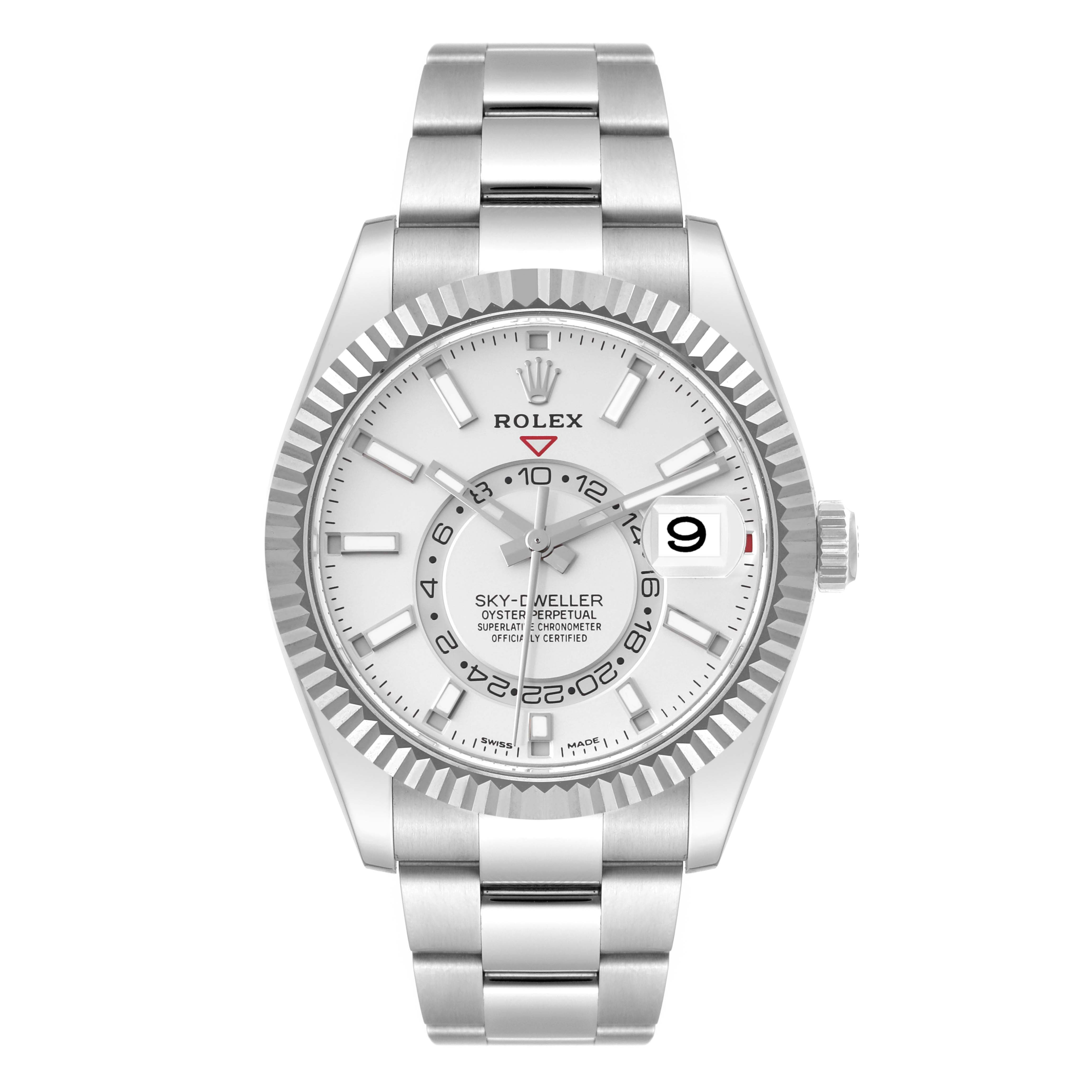 The image shows a front view of the Rolex Sky-Dweller 326934 Men
s Stainless Steel White Dial 326934 Men
s Stainless Steel White Dial watch, displaying the dial, bezel, and bracelet.